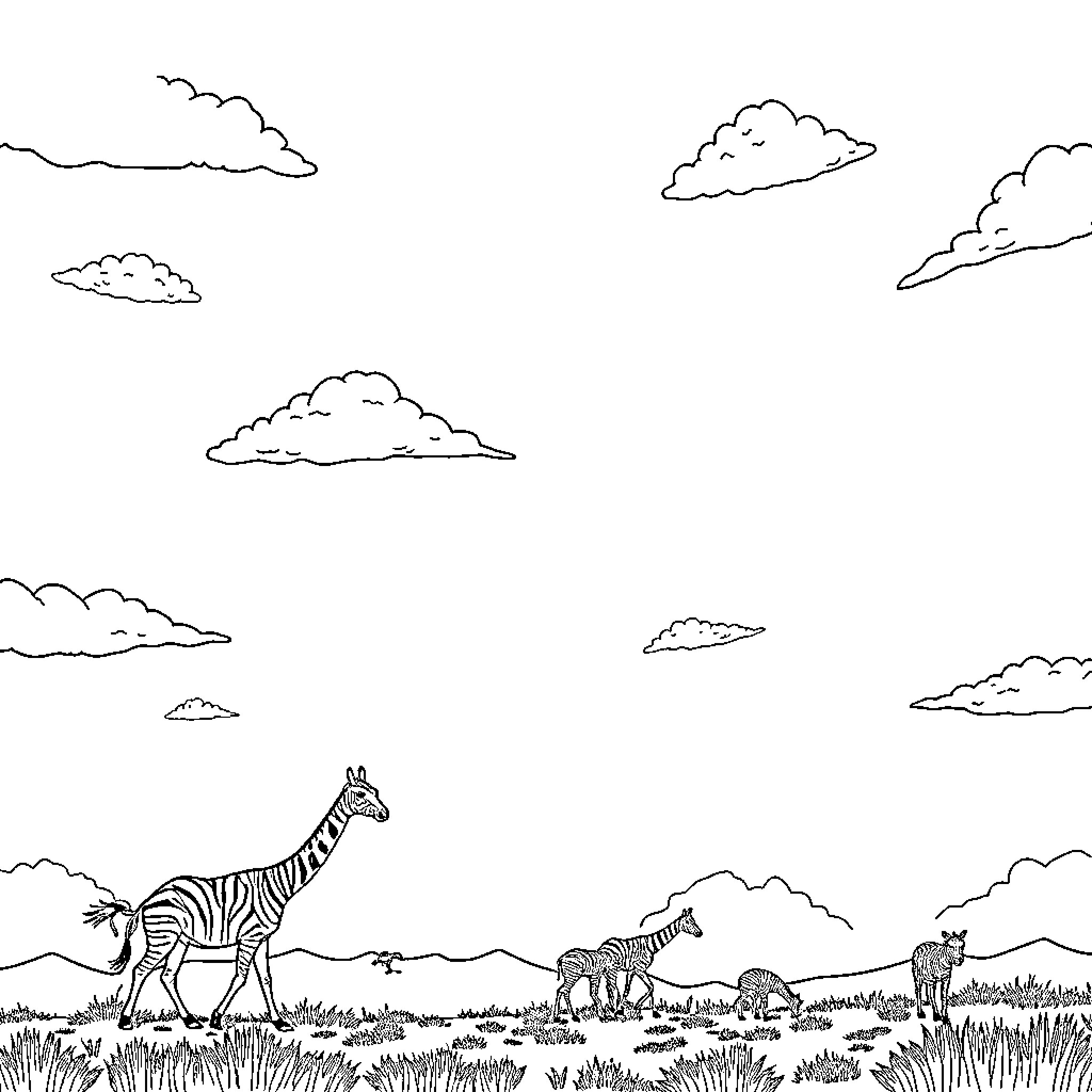 Savanna Animal Scene with Zebras and Clouds Coloring Page (free black-and-white line drawing printable PDF for all, from beginners to advanced learners, including children, teens, adults, and seniors)