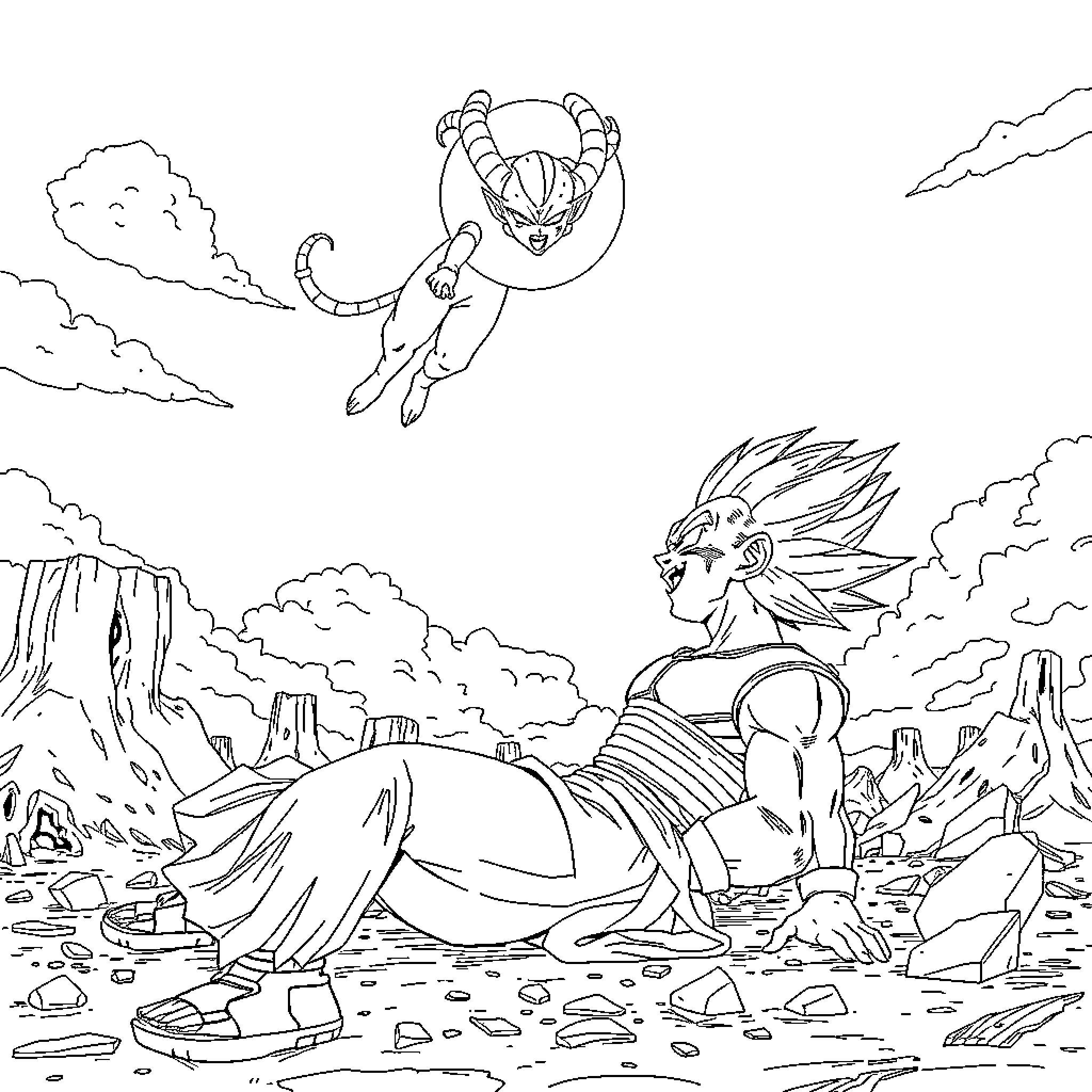 Vegeta takes flight over rugged terrain Coloring Page (free black-and-white line drawing printable PDF for all, from beginners to advanced learners, including children, teens, adults, and seniors)