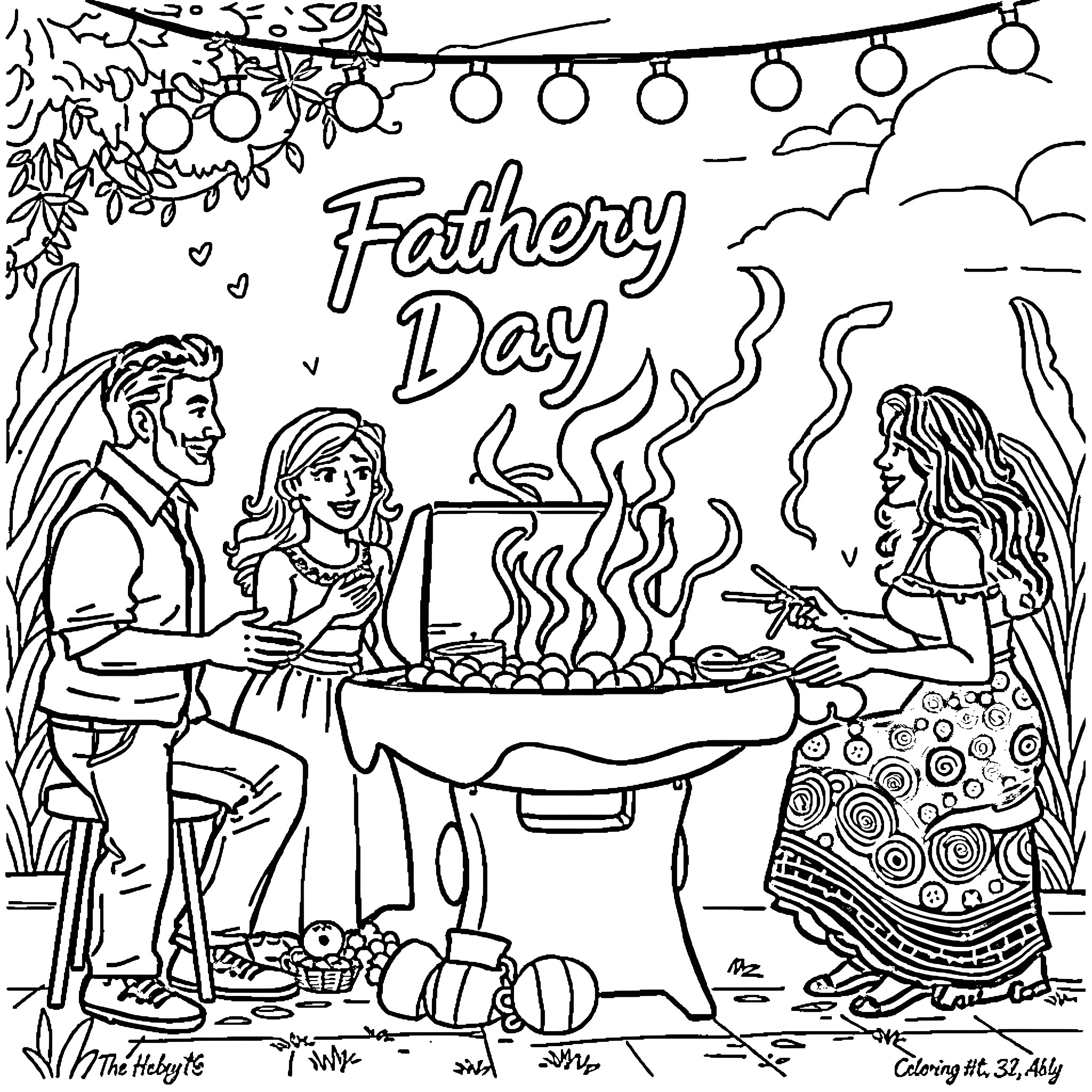 Father's Day family gathering with barbecue and festive decorations Coloring Page (free black-and-white line drawing printable PDF for all, from beginners to advanced learners, including children, teens, adults, and seniors)