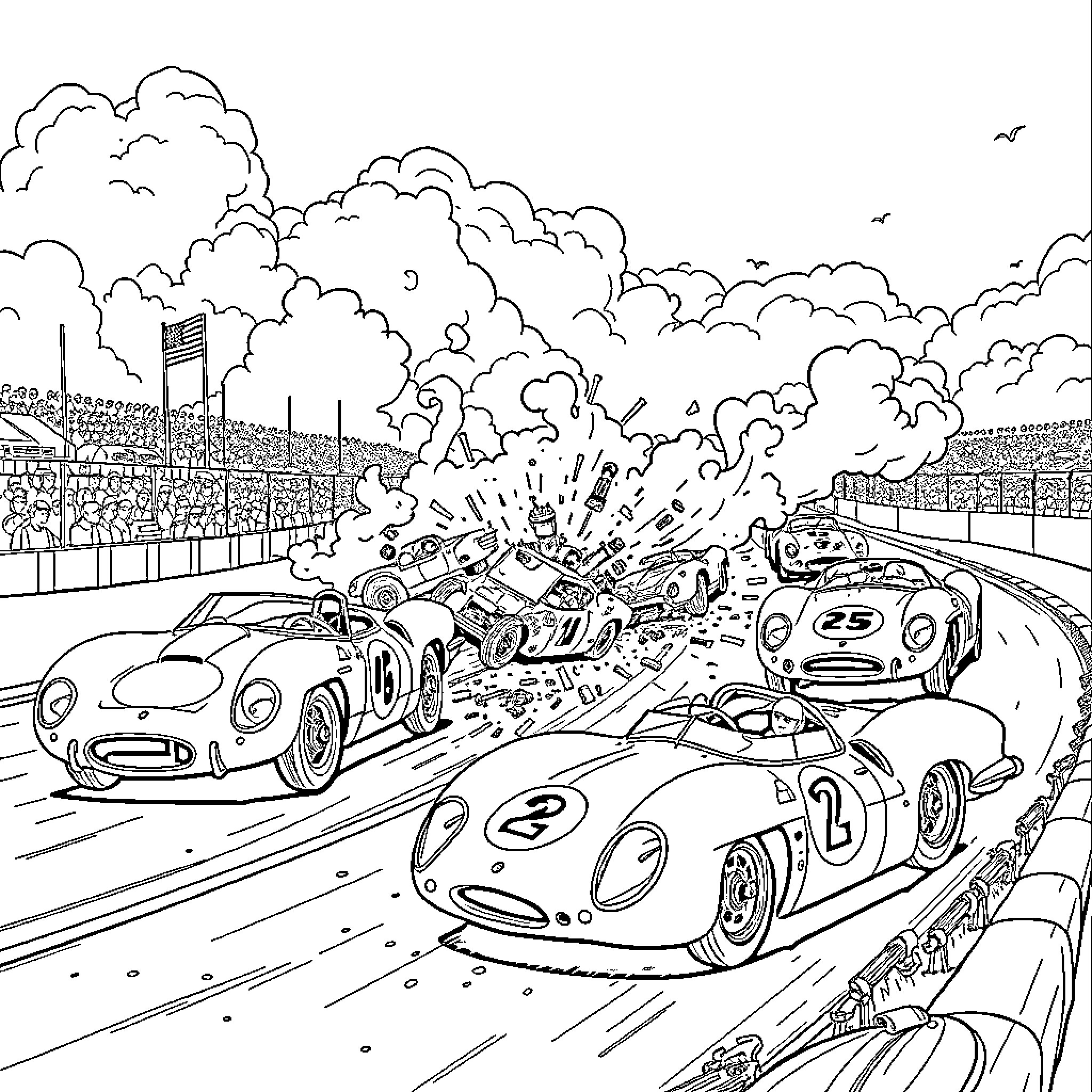 Automobile Racing Event with High-Speed Vehicles Coloring Page (free black-and-white line drawing printable PDF for all, from beginners to advanced learners, including children, teens, adults, and seniors)