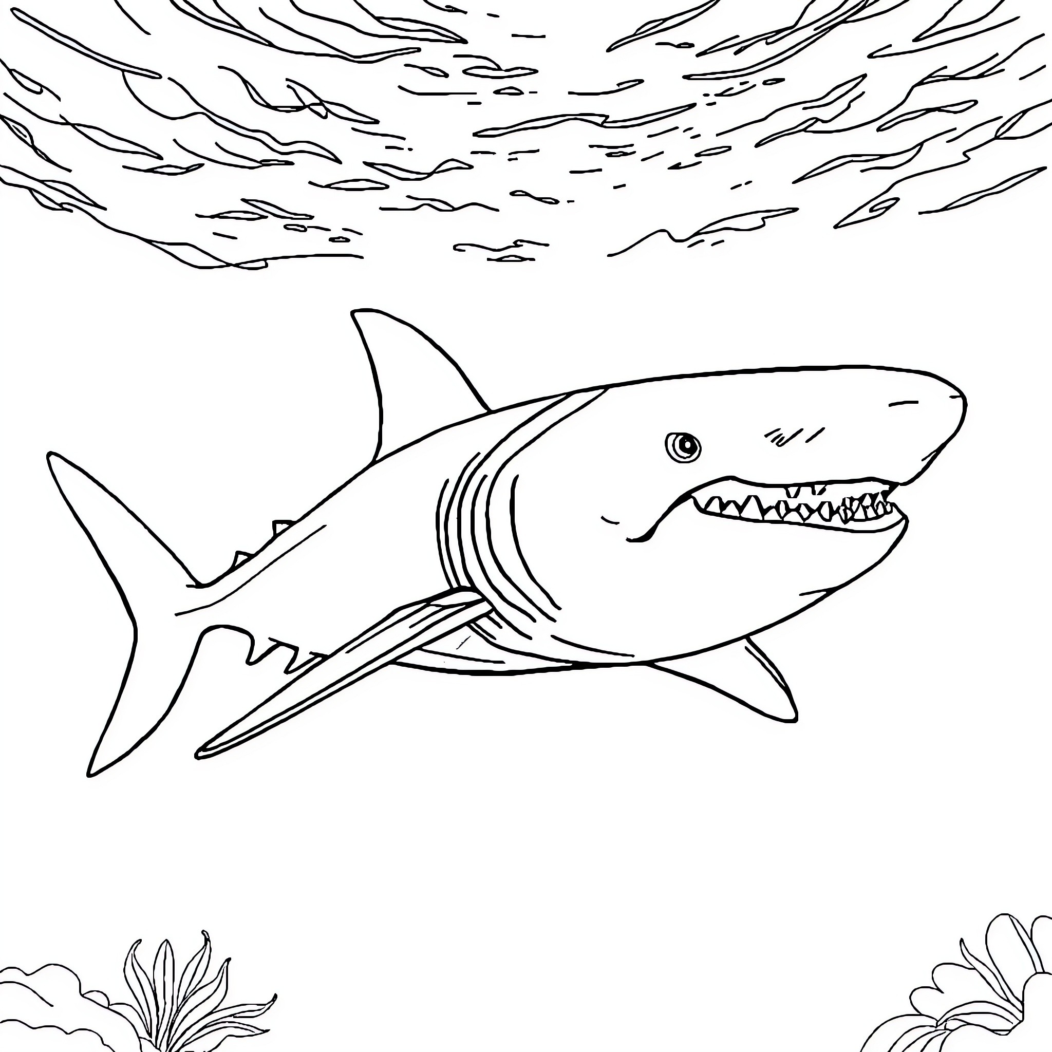 Megalodon swimming through the depths Coloring Page (free black-and-white line drawing printable PDF for all, from beginners to advanced learners, including children, teens, adults, and seniors)