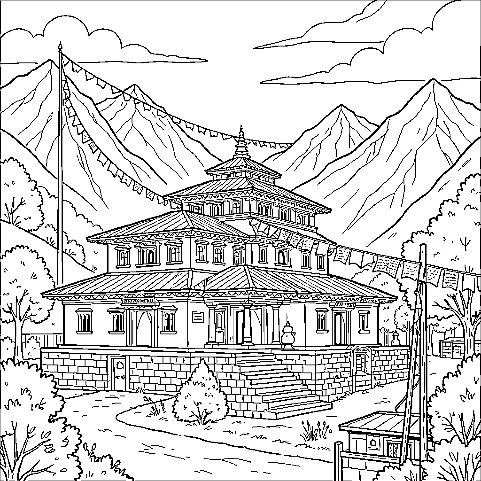 Badrinath Temple amidst Majestic Mountains Coloring Page (free black-and-white line drawing printable PDF for all, from beginners to advanced learners, including children, teens, adults, and seniors)