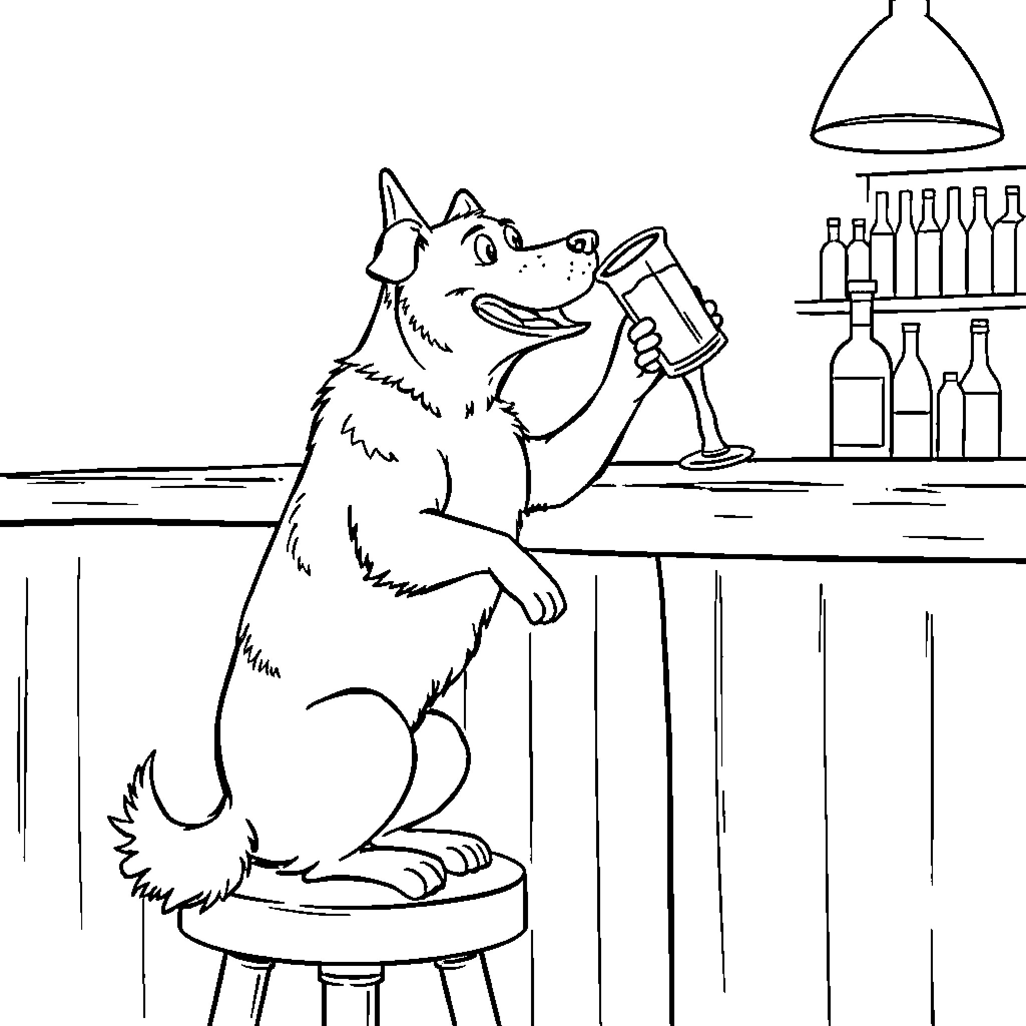 Dog sitting at a bar enjoying a drink Coloring Page (free black-and-white line drawing printable PDF for all, from beginners to advanced learners, including children, teens, adults, and seniors)