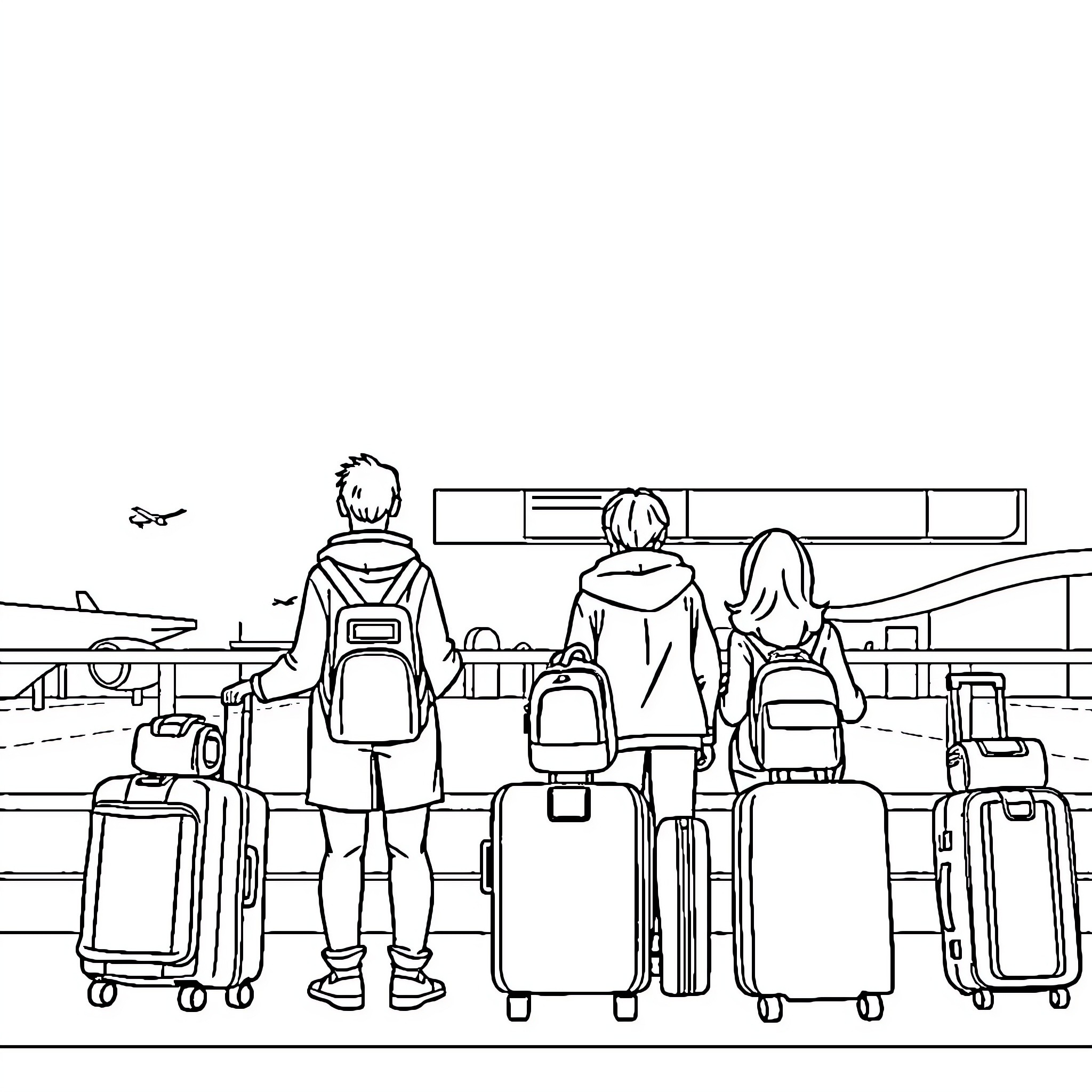Family traveling with luggage at the airport Coloring Page (free black-and-white line drawing printable PDF for all, from beginners to advanced learners, including children, teens, adults, and seniors)