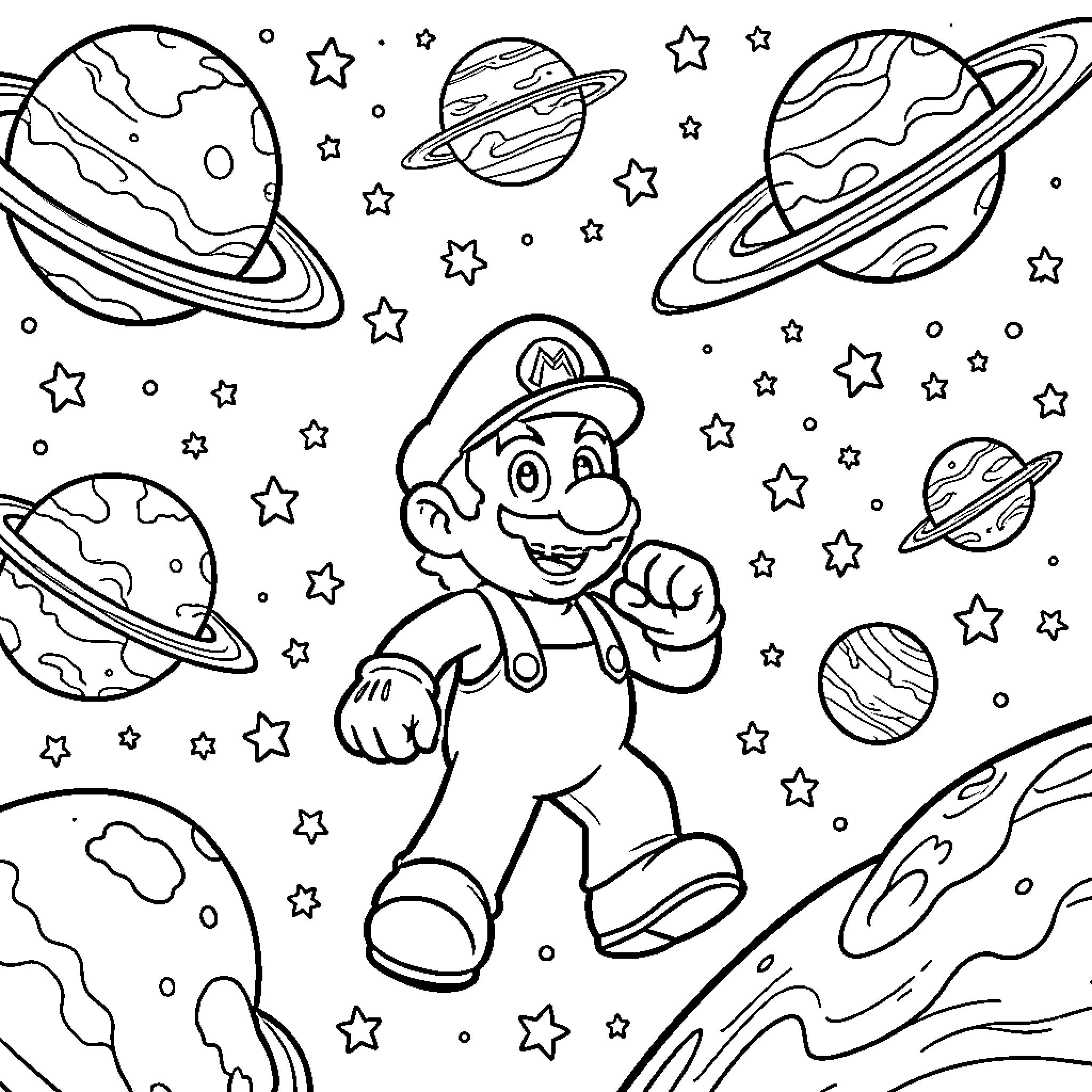 Mario walking happily through outer space among planets Coloring Page (free black-and-white line drawing printable PDF for all, from beginners to advanced learners, including children, teens, adults, and seniors)
