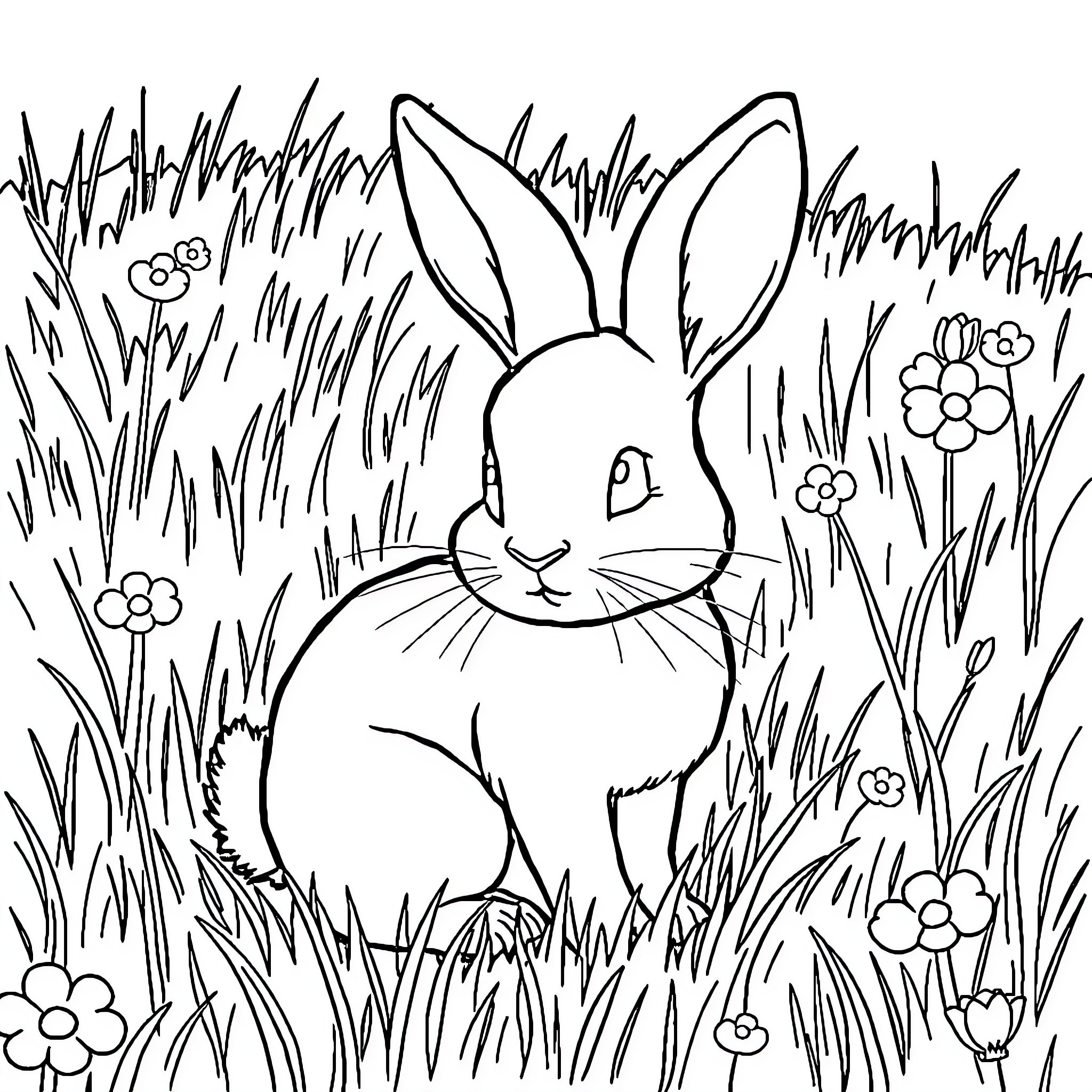 Bunny Relaxing in Meadow with Flowers Coloring Page (free black-and-white line drawing printable PDF for all, from beginners to advanced learners, including children, teens, adults, and seniors)