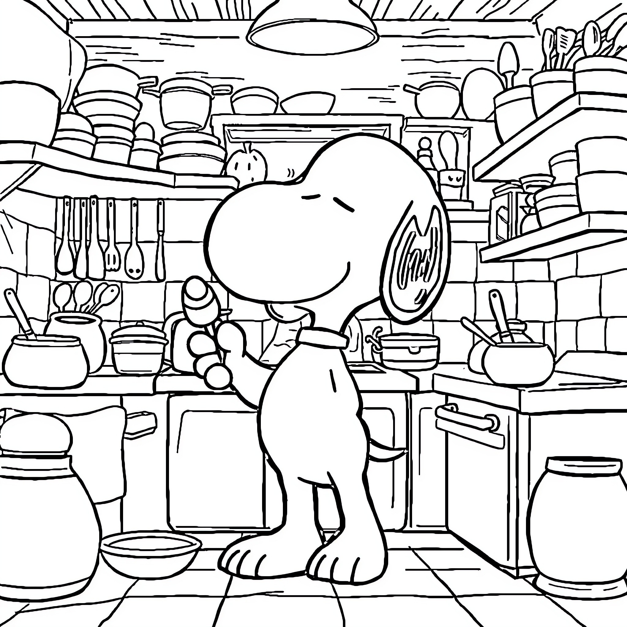 Snoopy exploring a bustling kitchen setting Coloring Page (free black-and-white line drawing printable PDF for all, from beginners to advanced learners, including children, teens, adults, and seniors)