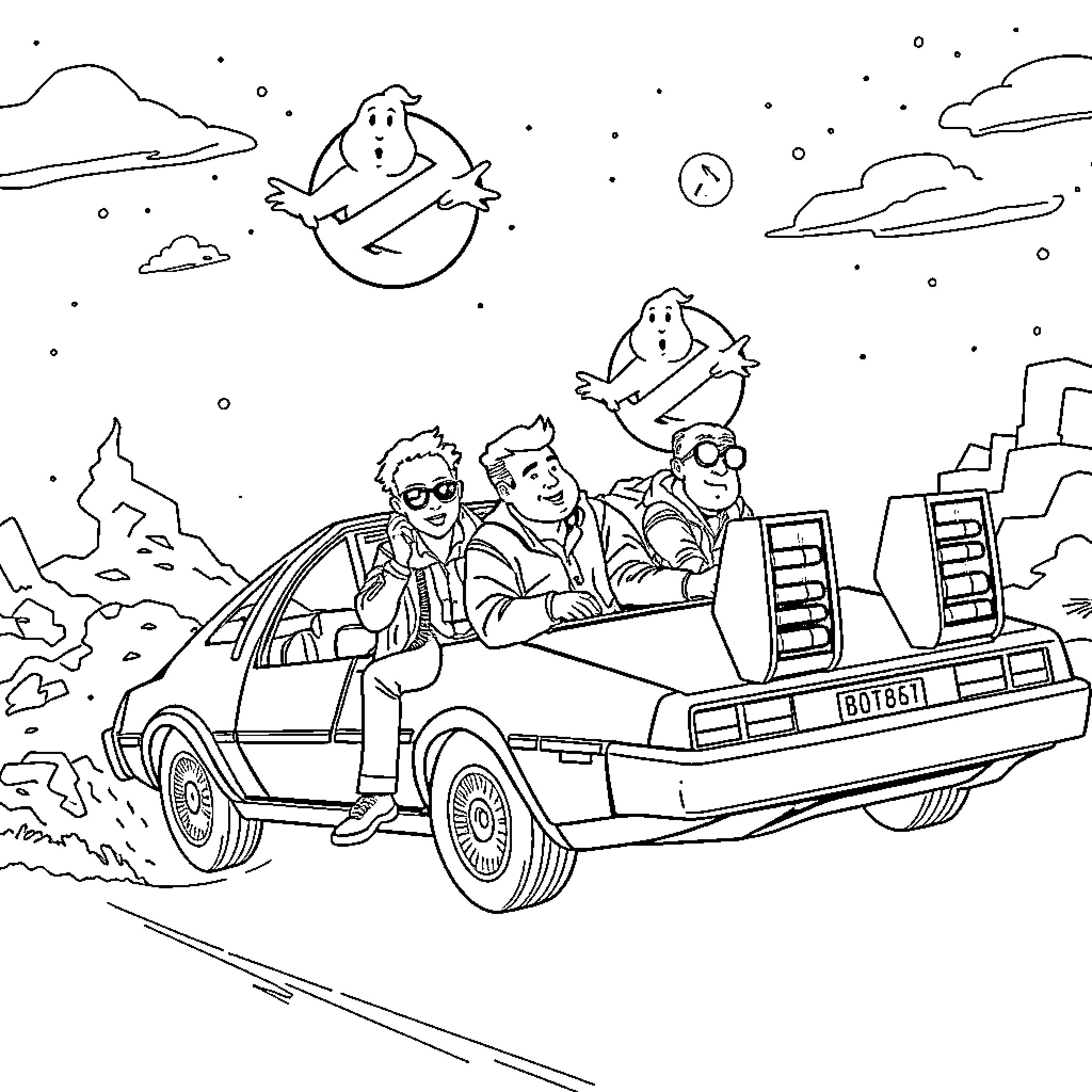 Ghostbusters on a Spooky Night Adventure Coloring Page (free black-and-white line drawing printable PDF for all, from beginners to advanced learners, including children, teens, adults, and seniors)