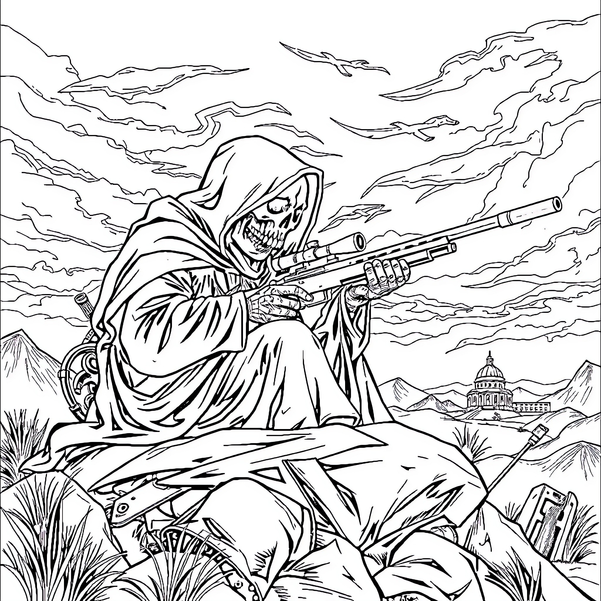 Grim Reaper with firearm in desolate landscape Coloring Page (free black-and-white line drawing printable PDF for all, from beginners to advanced learners, including children, teens, adults, and seniors)