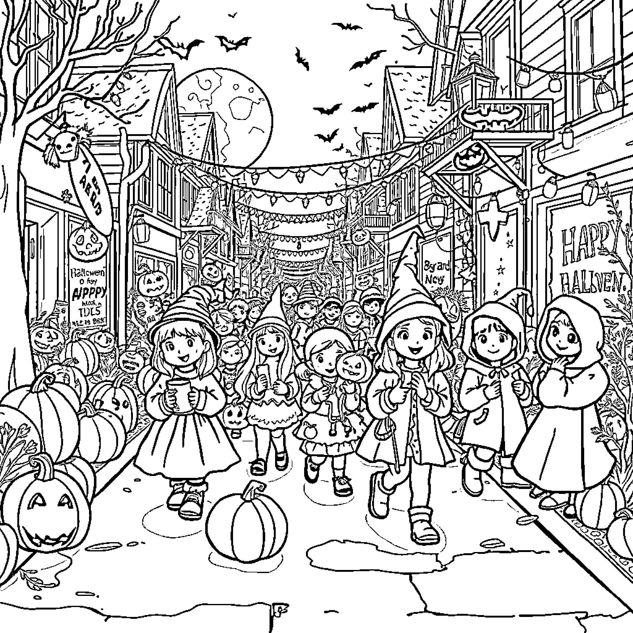 Halloween Celebrations in a Festive Town Coloring Page (free black-and-white line drawing printable PDF for all, from beginners to advanced learners, including children, teens, adults, and seniors)