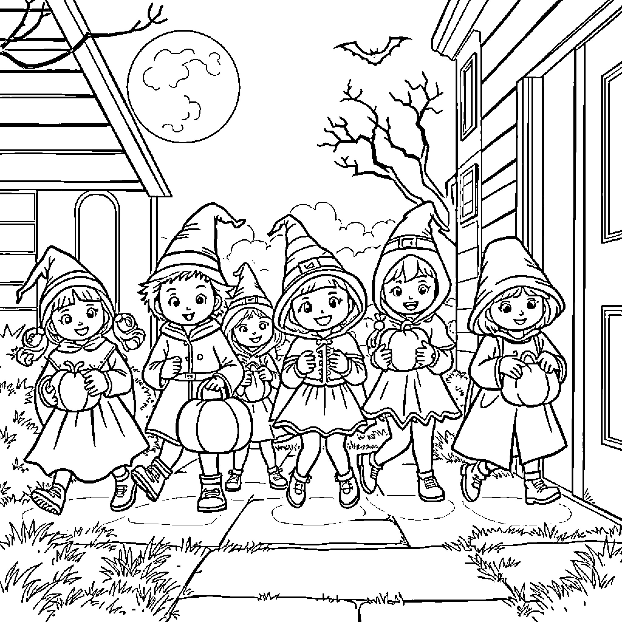 Children in Halloween costumes trick-or-treating Coloring Page (free black-and-white line drawing printable PDF for all, from beginners to advanced learners, including children, teens, adults, and seniors)