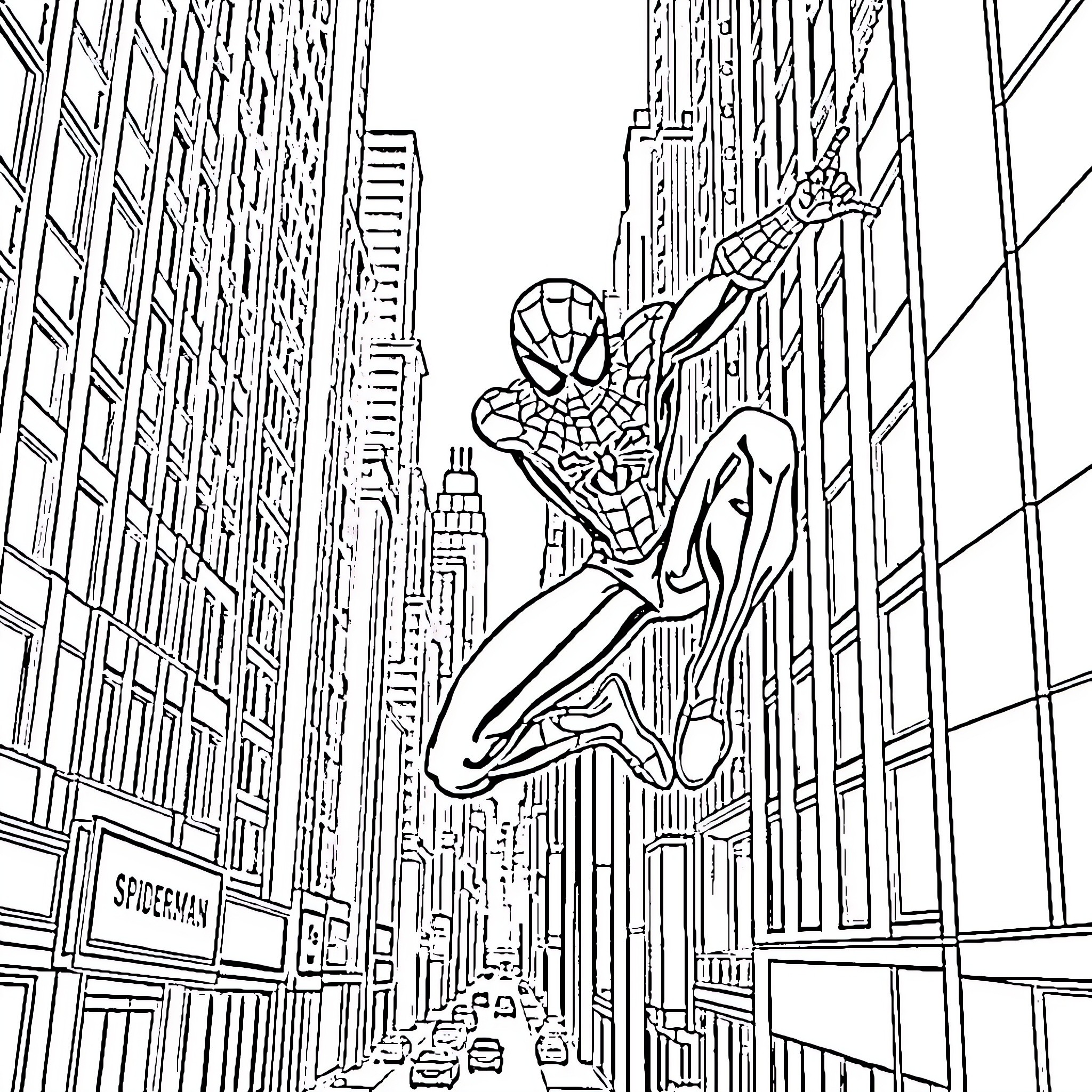 Spiderman swinging through the city skyline Coloring Page (free black-and-white line drawing printable PDF for all, from beginners to advanced learners, including children, teens, adults, and seniors)