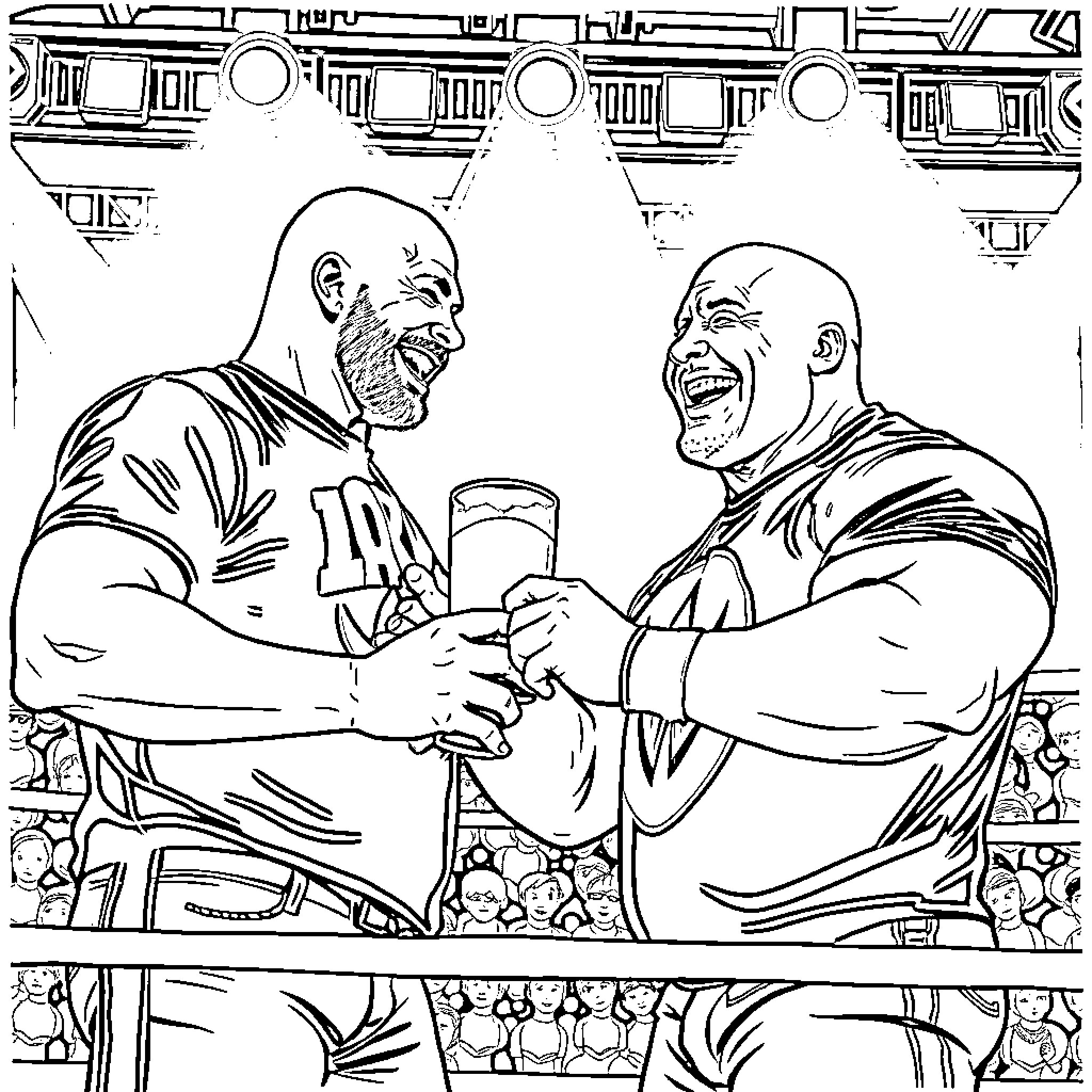 Steve Austin and colleague sharing a drink in the stadium Coloring Page (free black-and-white line drawing printable PDF for all, from beginners to advanced learners, including children, teens, adults, and seniors)