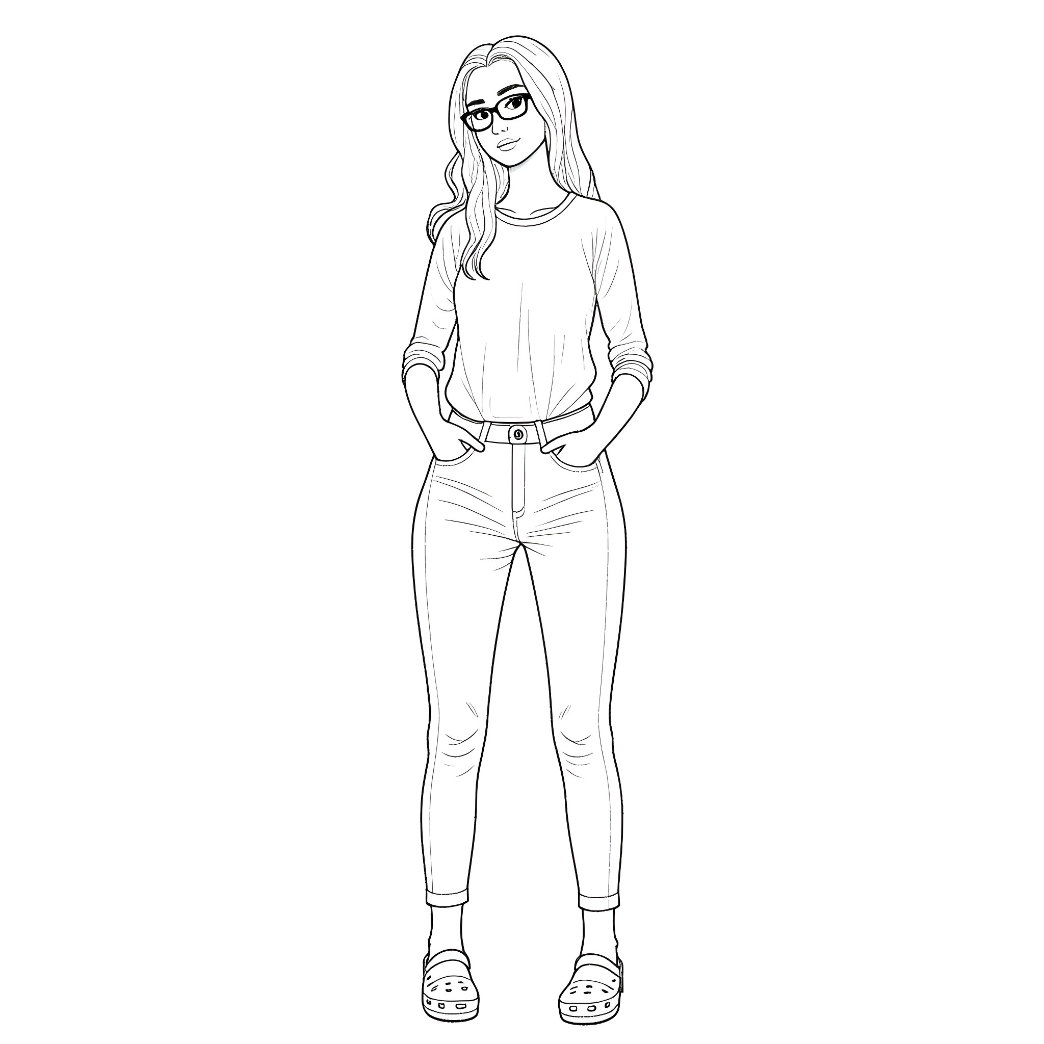 Librarian dressed casually with a pensive expression Coloring Page (free black-and-white line drawing printable PDF for all, from beginners to advanced learners, including children, teens, adults, and seniors)