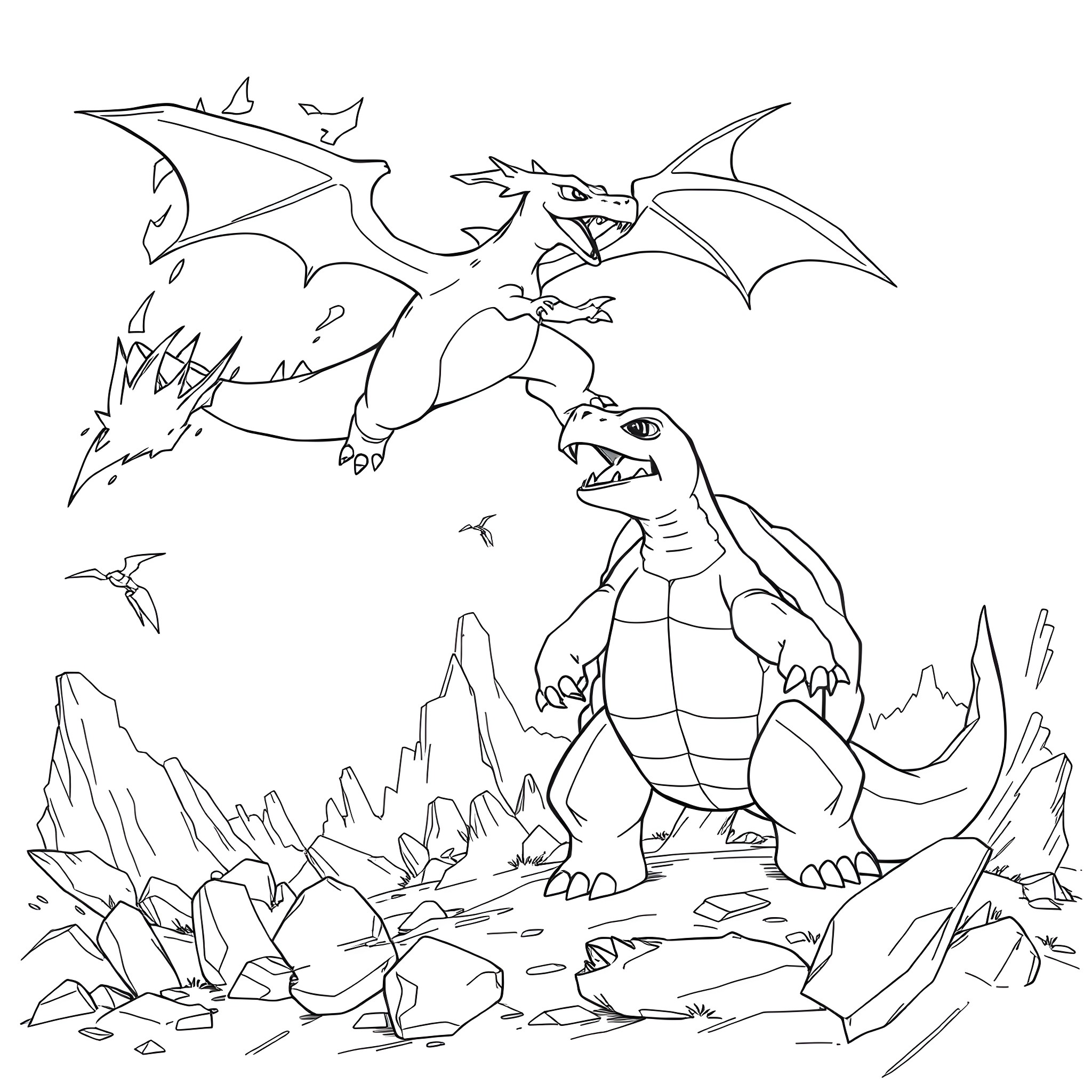 Charizard battling fiercely in a rocky landscape Coloring Page (free black-and-white line drawing printable PDF for all, from beginners to advanced learners, including children, teens, adults, and seniors)