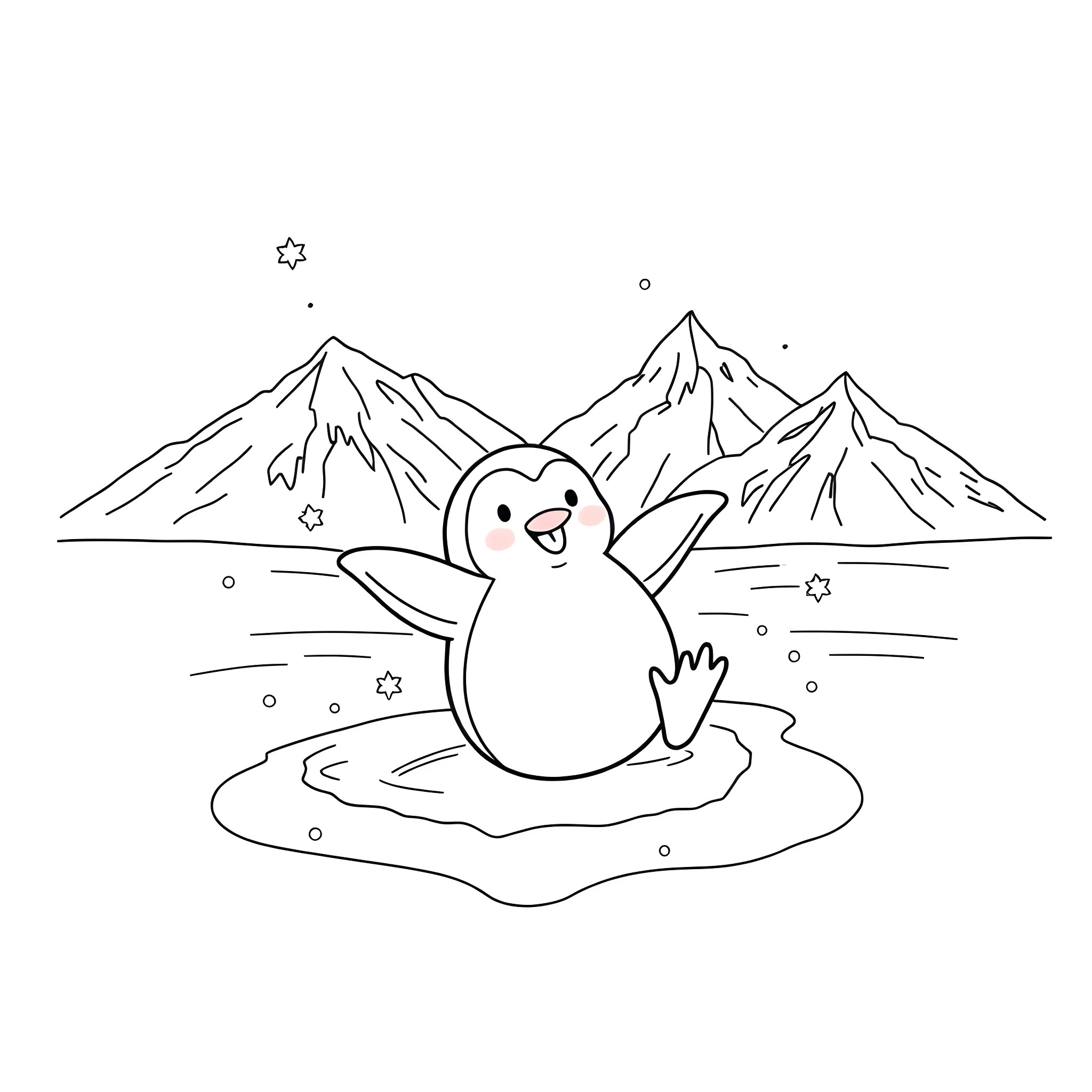 Penguin playing happily in snowy mountain landscape Coloring Page (free black-and-white line drawing printable PDF for all, from beginners to advanced learners, including children, teens, adults, and seniors)