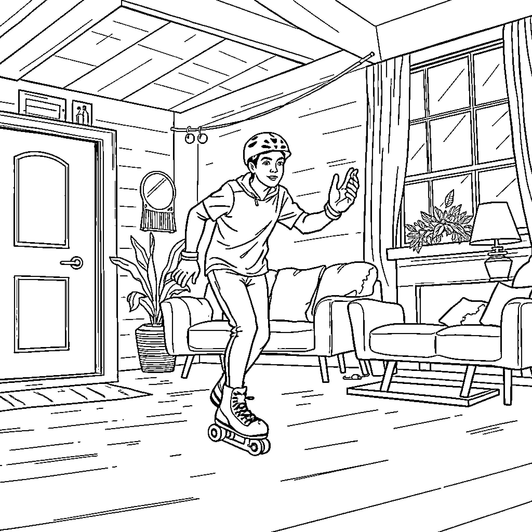 Man riding roller skates in cozy cabin interior Coloring Page (free black-and-white line drawing printable PDF for all, from beginners to advanced learners, including children, teens, adults, and seniors)