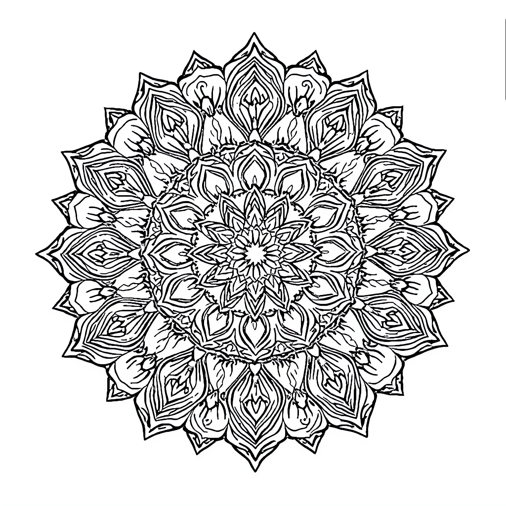 Mandala of intricate floral patterns Coloring Page (free black-and-white line drawing printable PDF for all, from beginners to advanced learners, including children, teens, adults, and seniors)