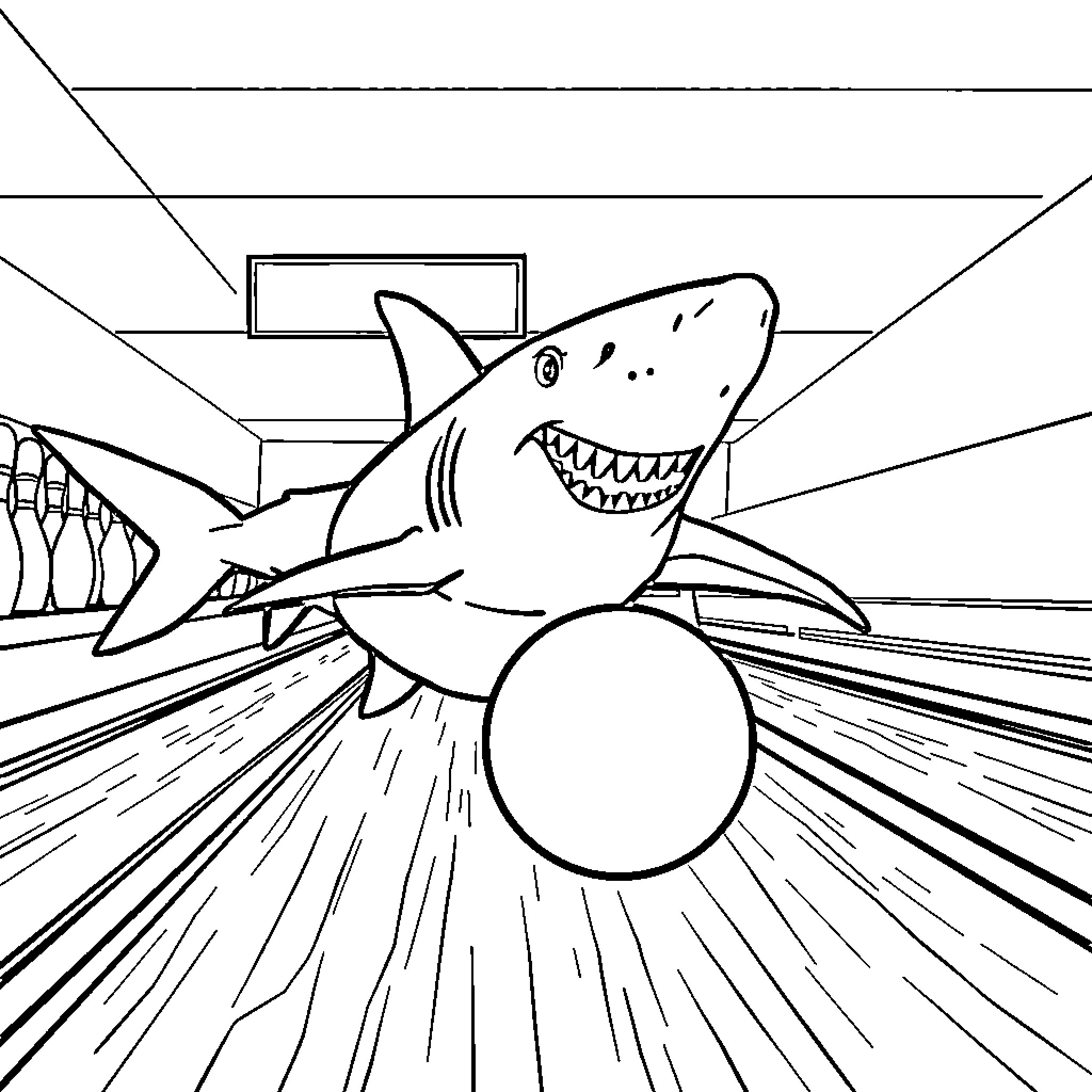 Shark Bowling Down the Alley Coloring Page (free black-and-white line drawing printable PDF for all, from beginners to advanced learners, including children, teens, adults, and seniors)