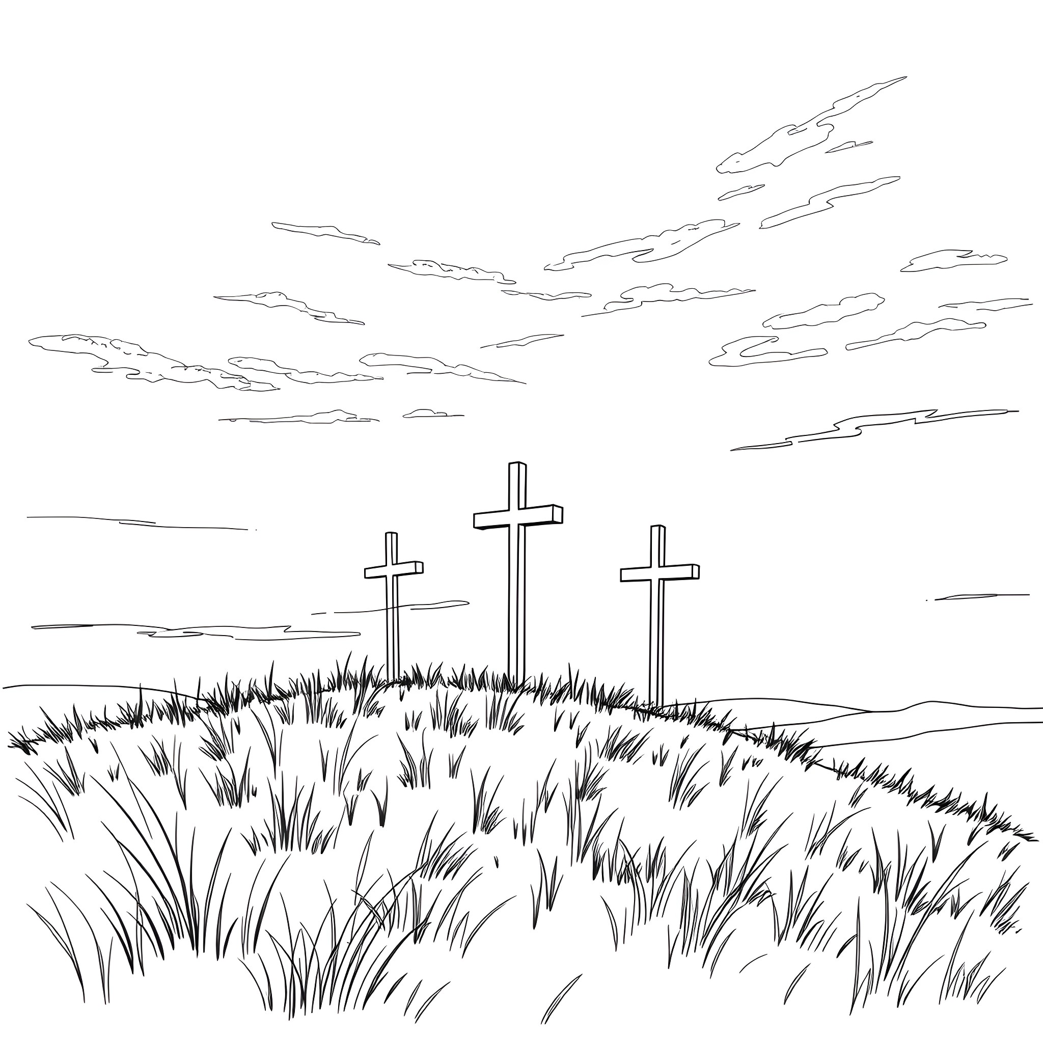 Sunset over Crosses on a Hill Coloring Page (free black-and-white line drawing printable PDF for all, from beginners to advanced learners, including children, teens, adults, and seniors)