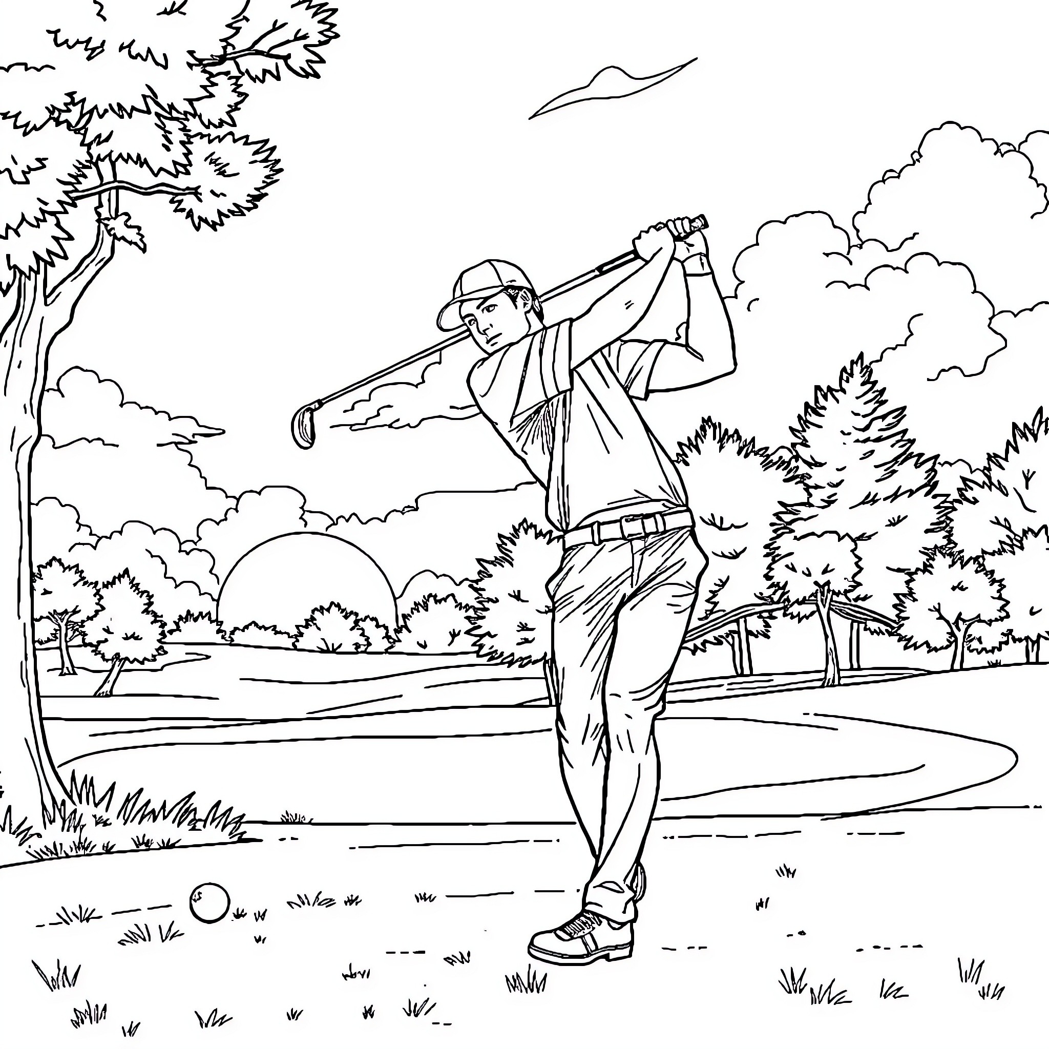 Auston Matthews playing golf in the countryside Coloring Page (free black-and-white line drawing printable PDF for all, from beginners to advanced learners, including children, teens, adults, and seniors)