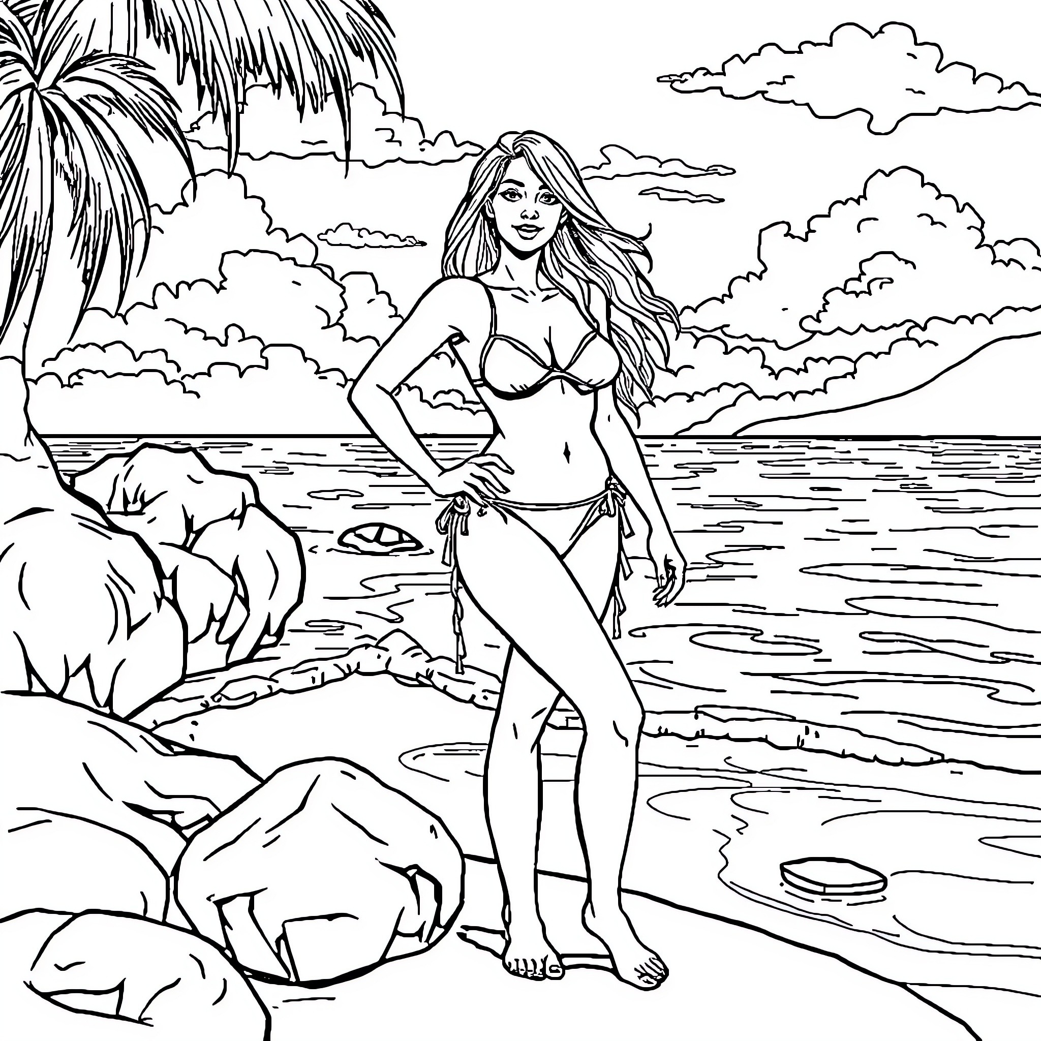Catwoman enjoying the tropical beach scene Coloring Page (free black-and-white line drawing printable PDF for all, from beginners to advanced learners, including children, teens, adults, and seniors)