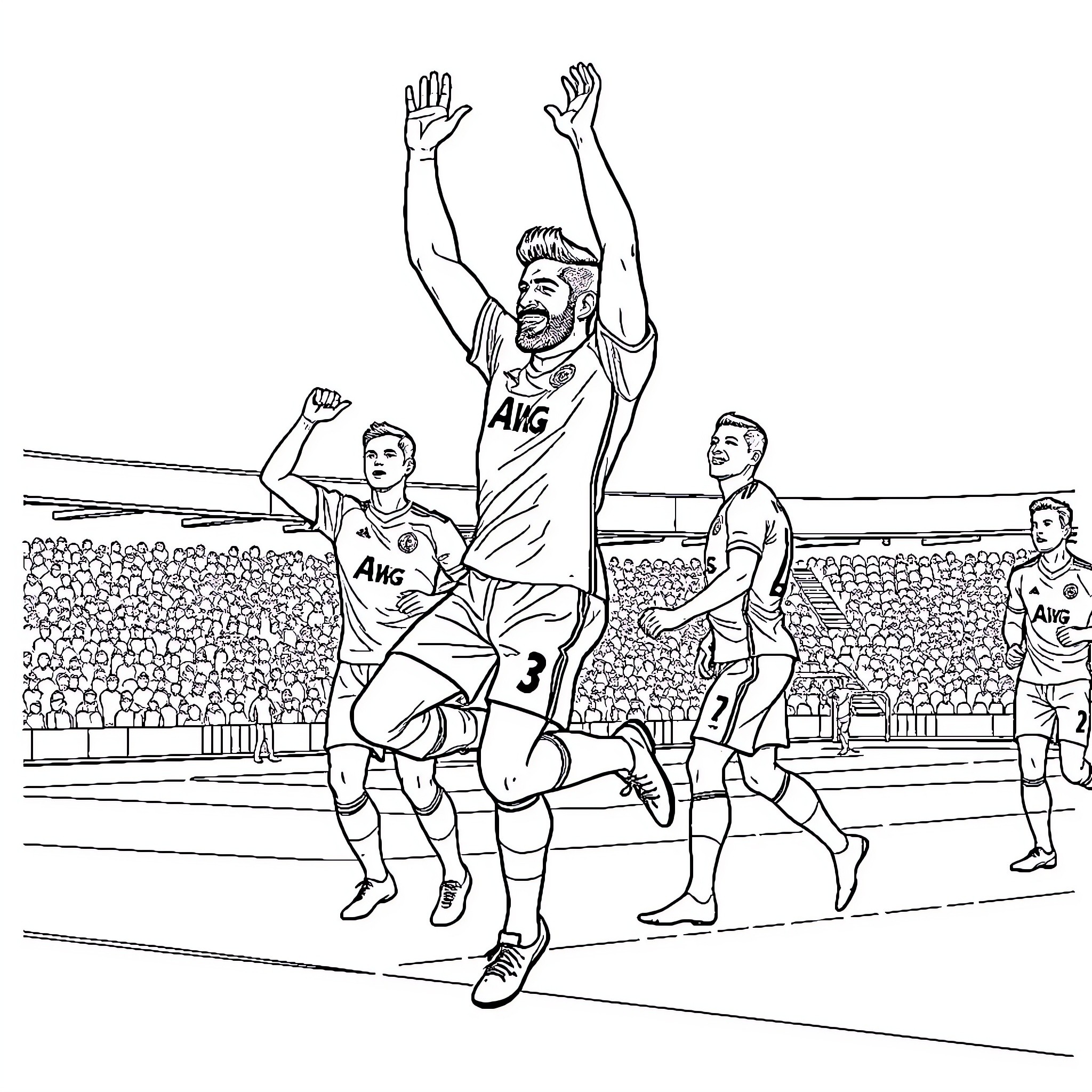 Olivier Giroud celebrating a goal with teammates on the field Coloring Page (free black-and-white line drawing printable PDF for all, from beginners to advanced learners, including children, teens, adults, and seniors)