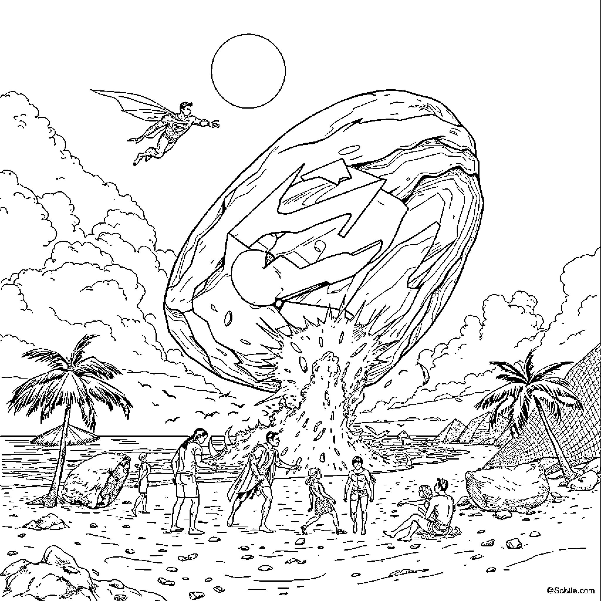 Superman battling a giant meteor on the beach Coloring Page (free black-and-white line drawing printable PDF for all, from beginners to advanced learners, including children, teens, adults, and seniors)