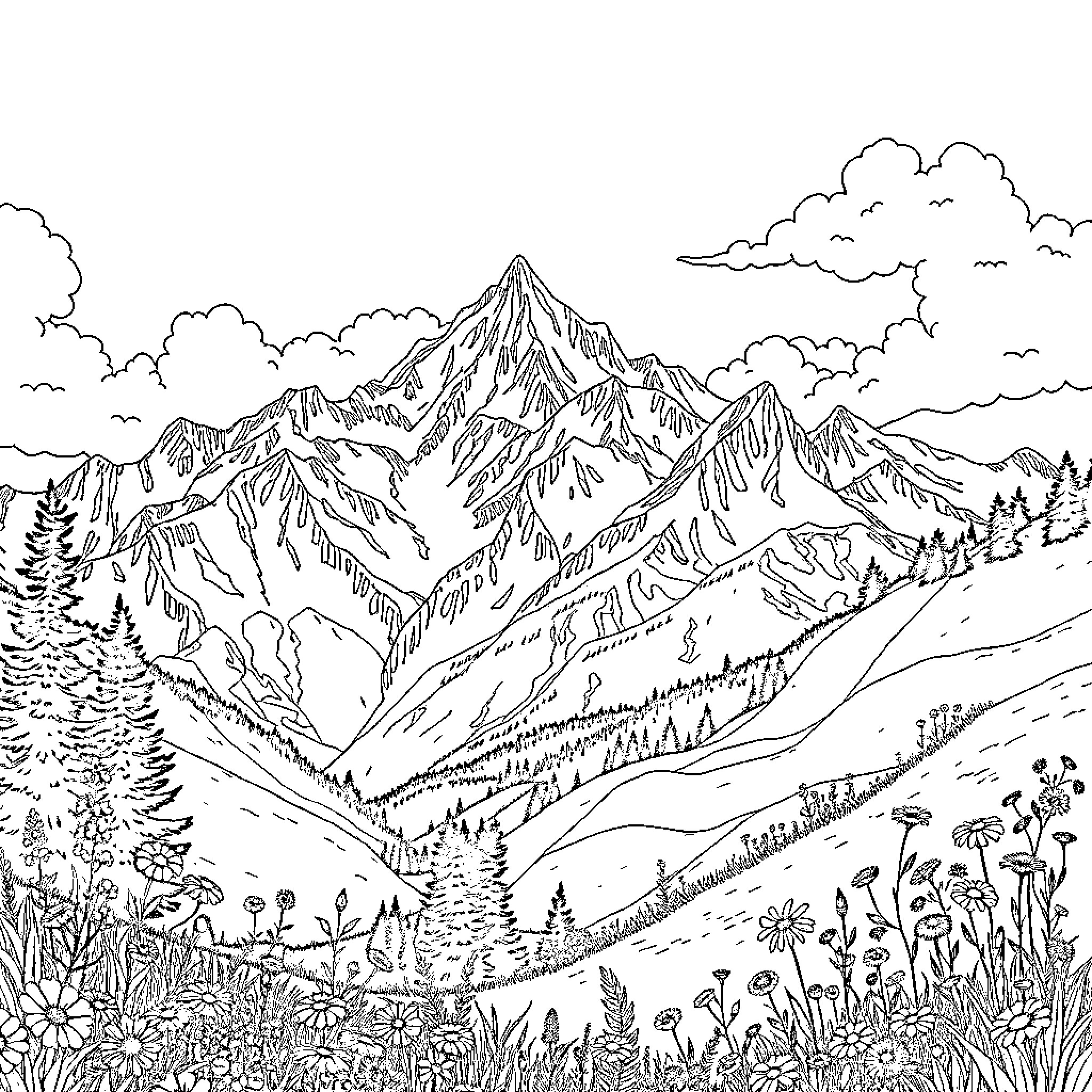 Mountain Landscape with Towering Peaks and Lush Vegetation Coloring Page (free black-and-white line drawing printable PDF for all, from beginners to advanced learners, including children, teens, adults, and seniors)