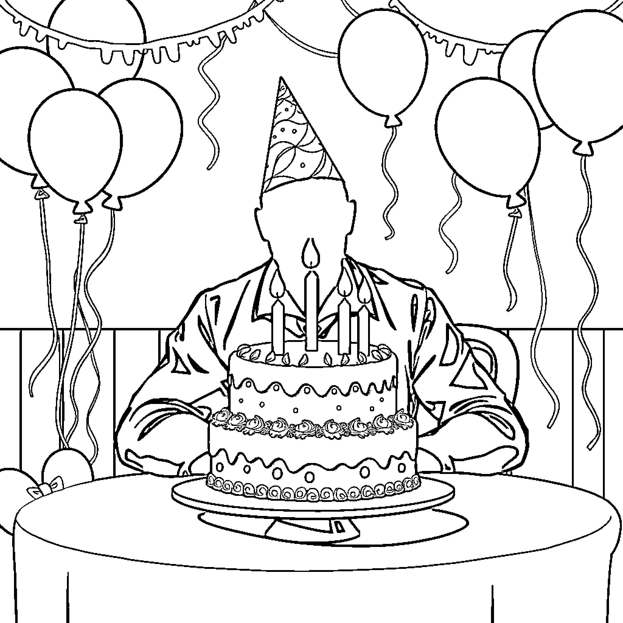 Man celebrating with cake and balloons Coloring Page (free black-and-white line drawing printable PDF for all, from beginners to advanced learners, including children, teens, adults, and seniors)