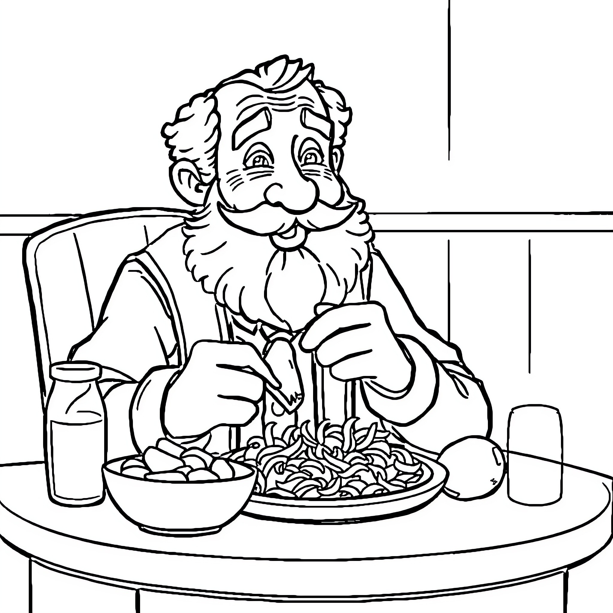 Zalman enjoys a hearty meal at the table Coloring Page (free black-and-white line drawing printable PDF for all, from beginners to advanced learners, including children, teens, adults, and seniors)