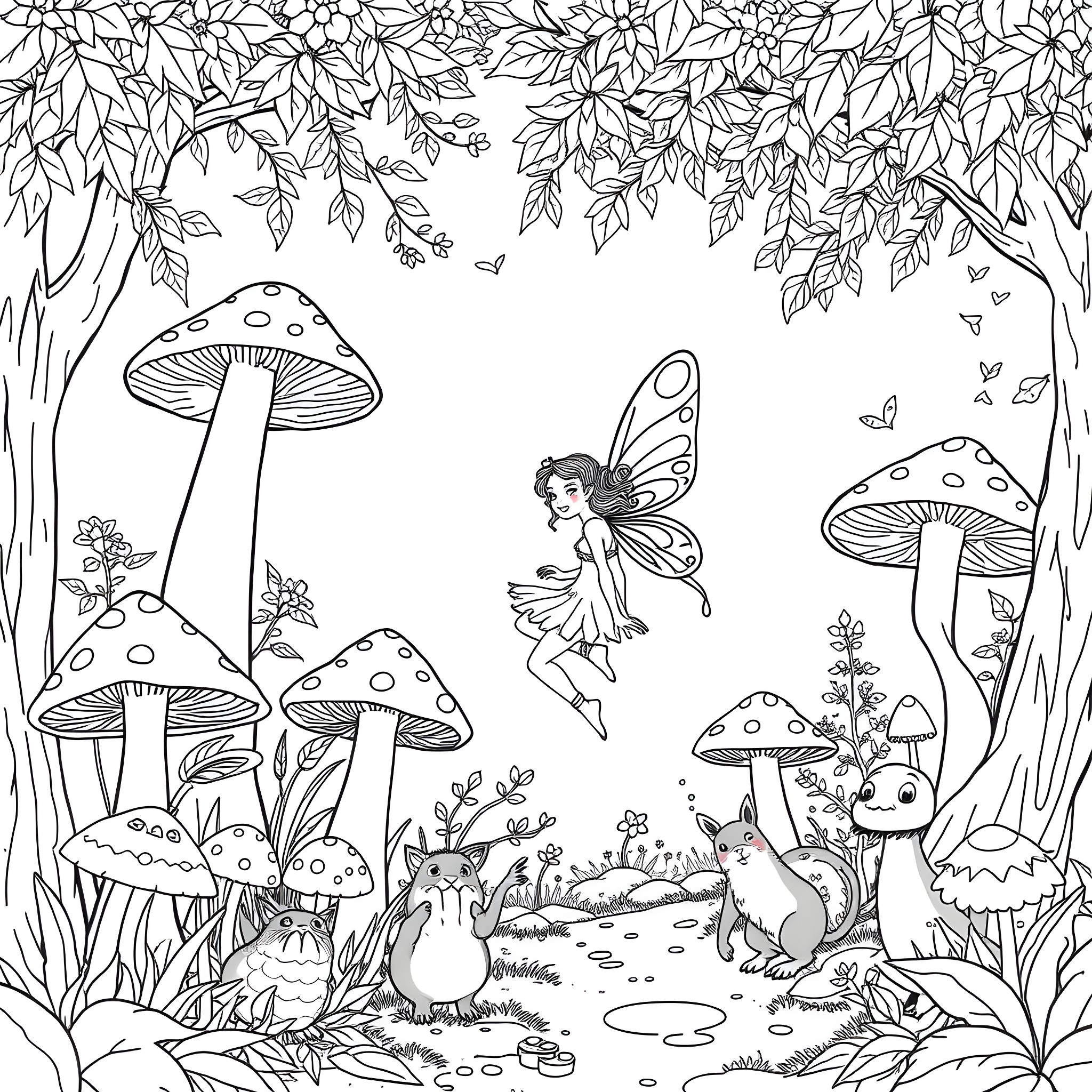 Mushroom Fairy in a Whimsical Forest Landscape Coloring Page (free black-and-white line drawing printable PDF for all, from beginners to advanced learners, including children, teens, adults, and seniors)