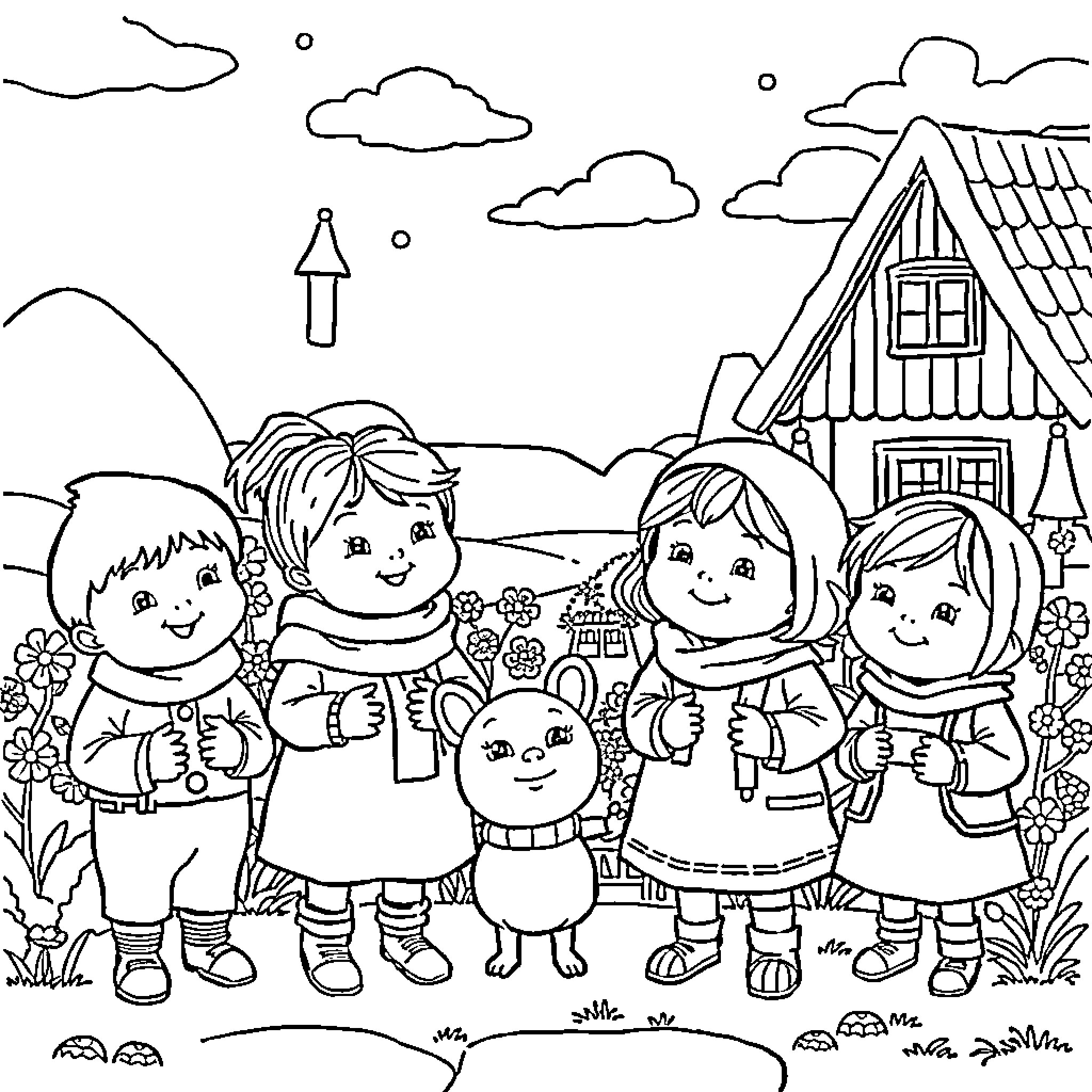 Babblarna friends exploring the countryside Coloring Page (free black-and-white line drawing printable PDF for all, from beginners to advanced learners, including children, teens, adults, and seniors)