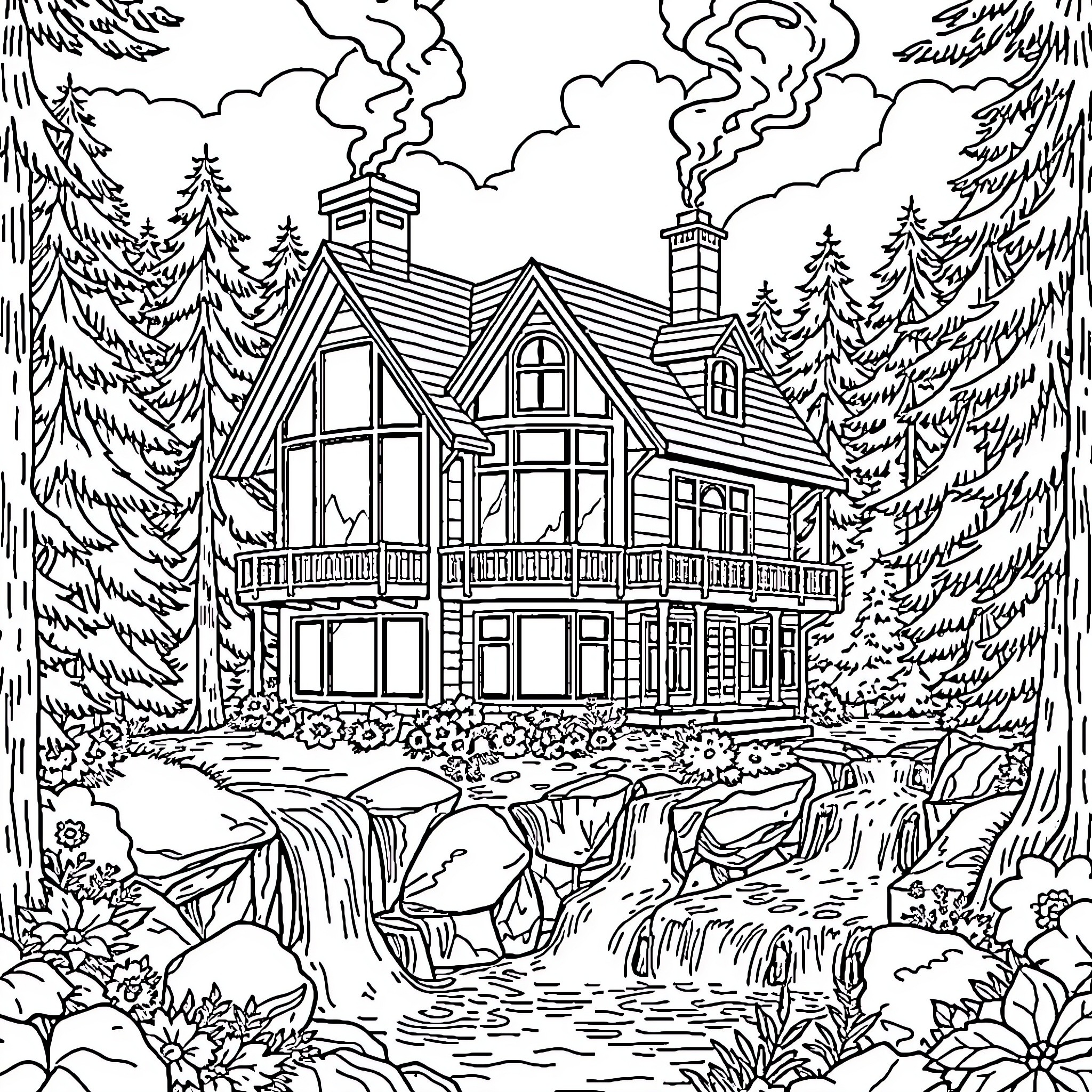 House with Scenic Surroundings and Architectural Details Coloring Page (free black-and-white line drawing printable PDF for all, from beginners to advanced learners, including children, teens, adults, and seniors)