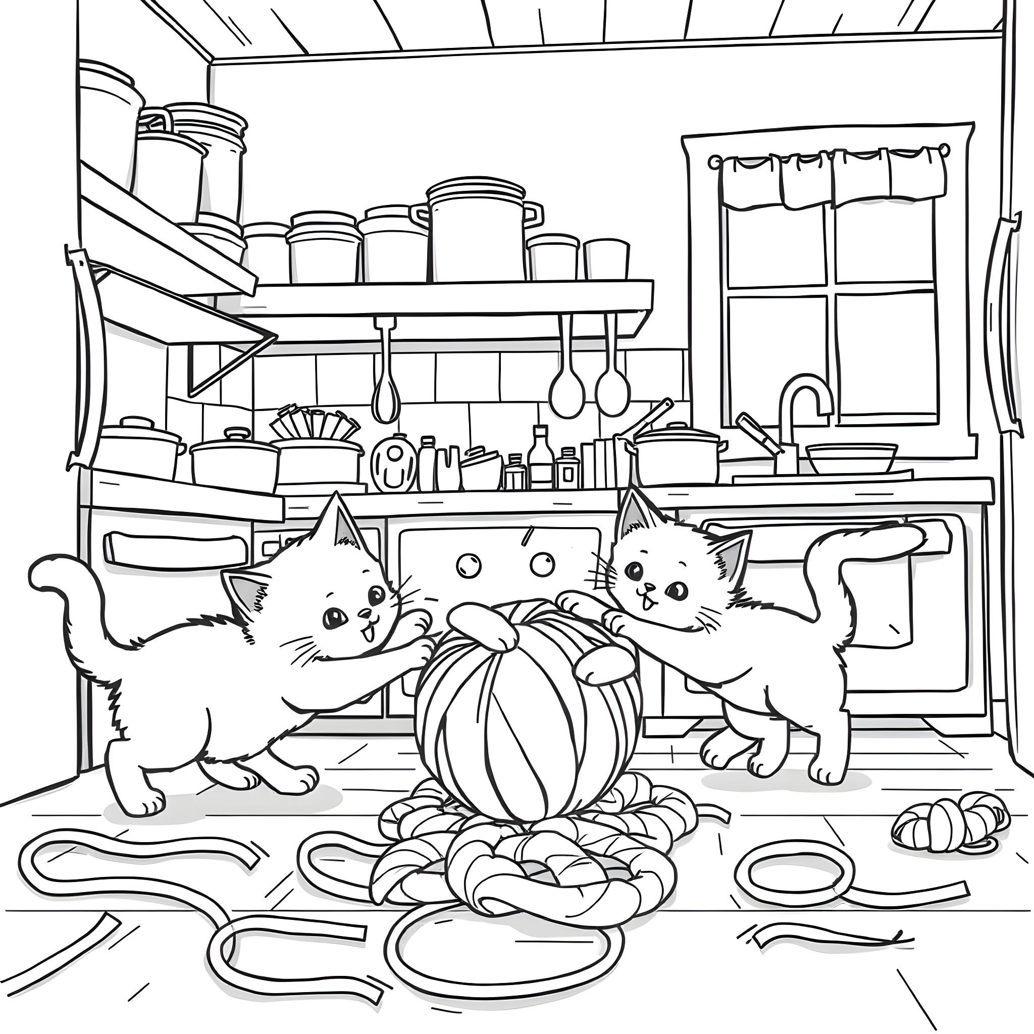 Kittens exploring a cozy kitchen Coloring Page (free black-and-white line drawing printable PDF for all, from beginners to advanced learners, including children, teens, adults, and seniors)