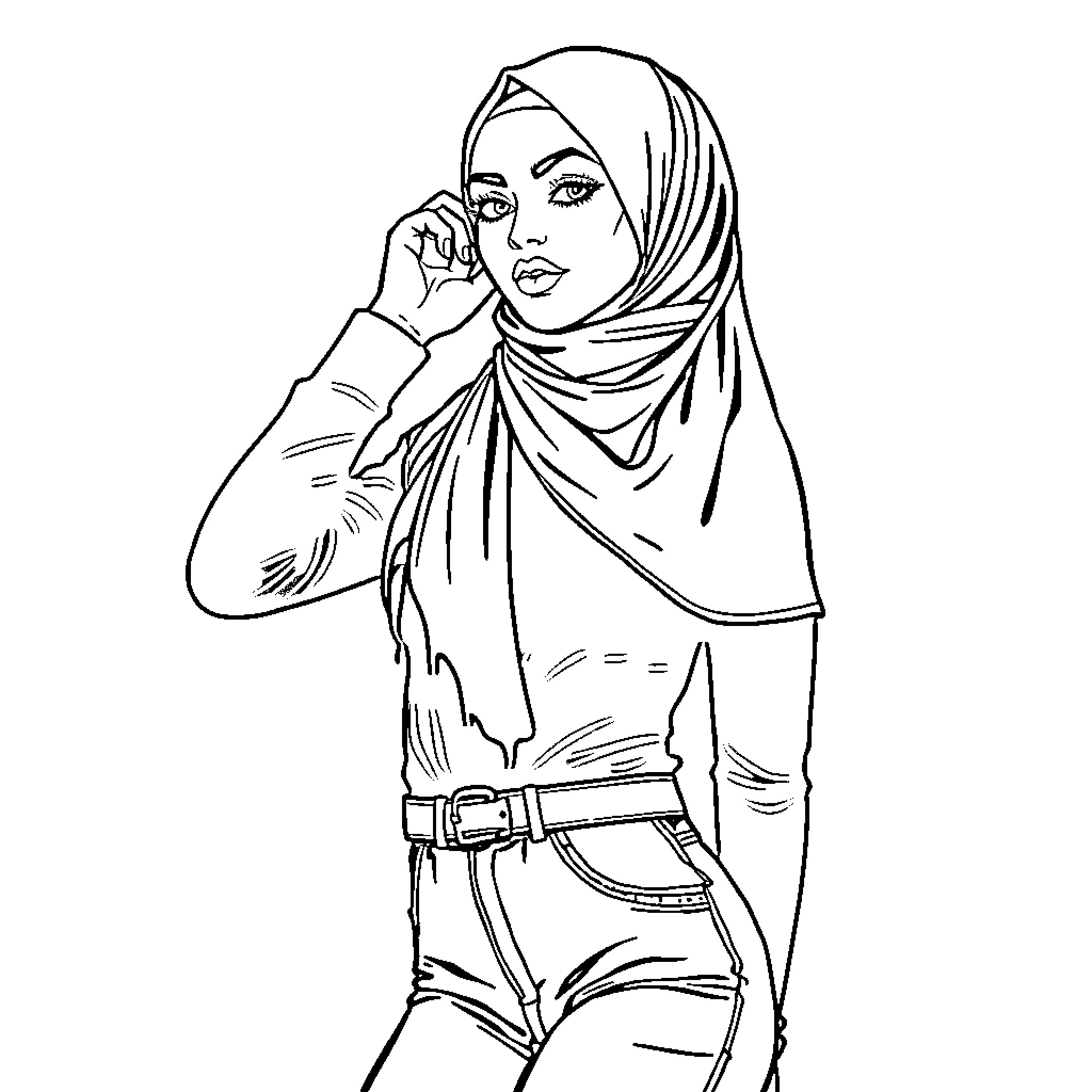 Woman in pensive pose wearing hijab Coloring Page (free black-and-white line drawing printable PDF for all, from beginners to advanced learners, including children, teens, adults, and seniors)
