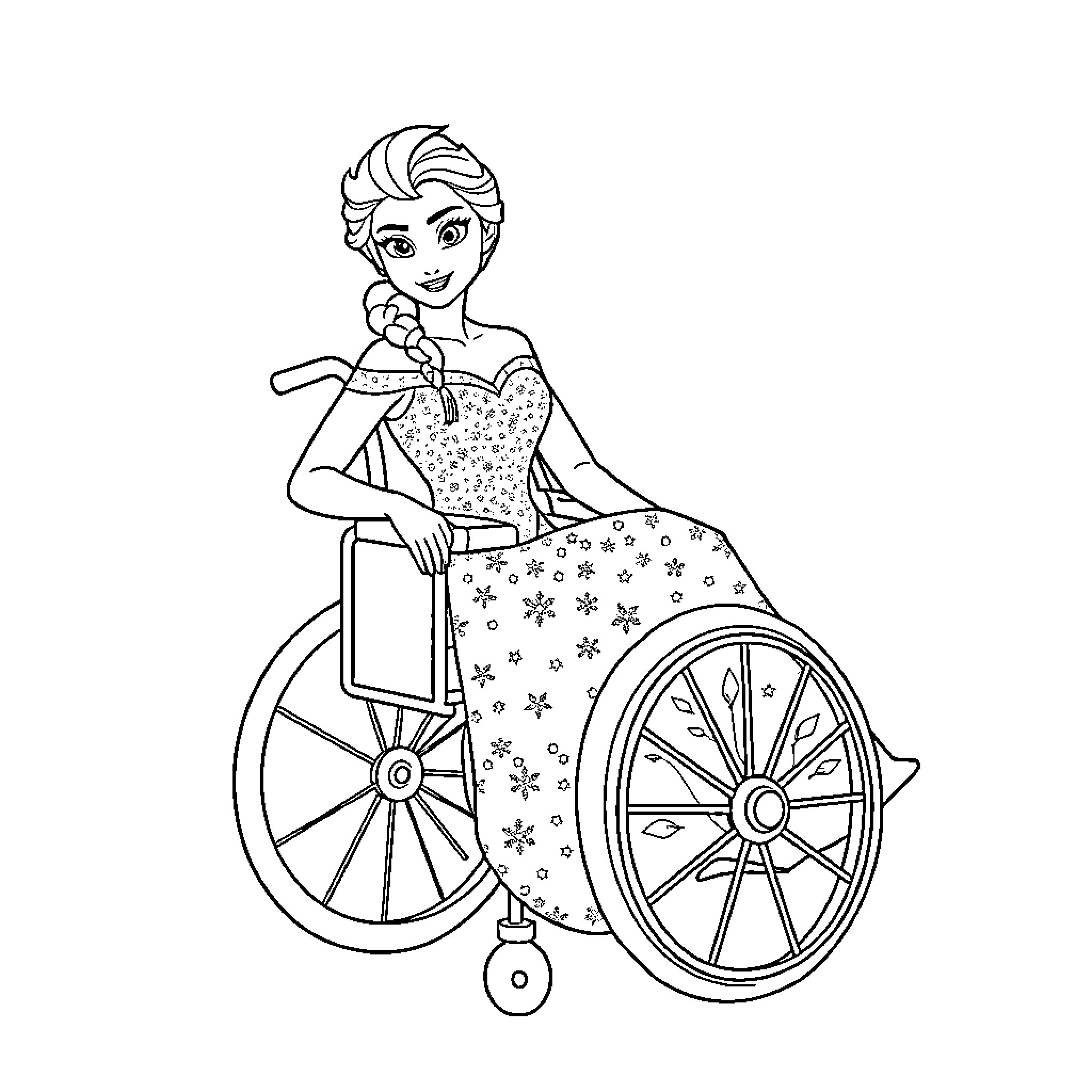 Elsa enjoying a winter picnic in a wheelchair Coloring Page (free black-and-white line drawing printable PDF for all, from beginners to advanced learners, including children, teens, adults, and seniors)
