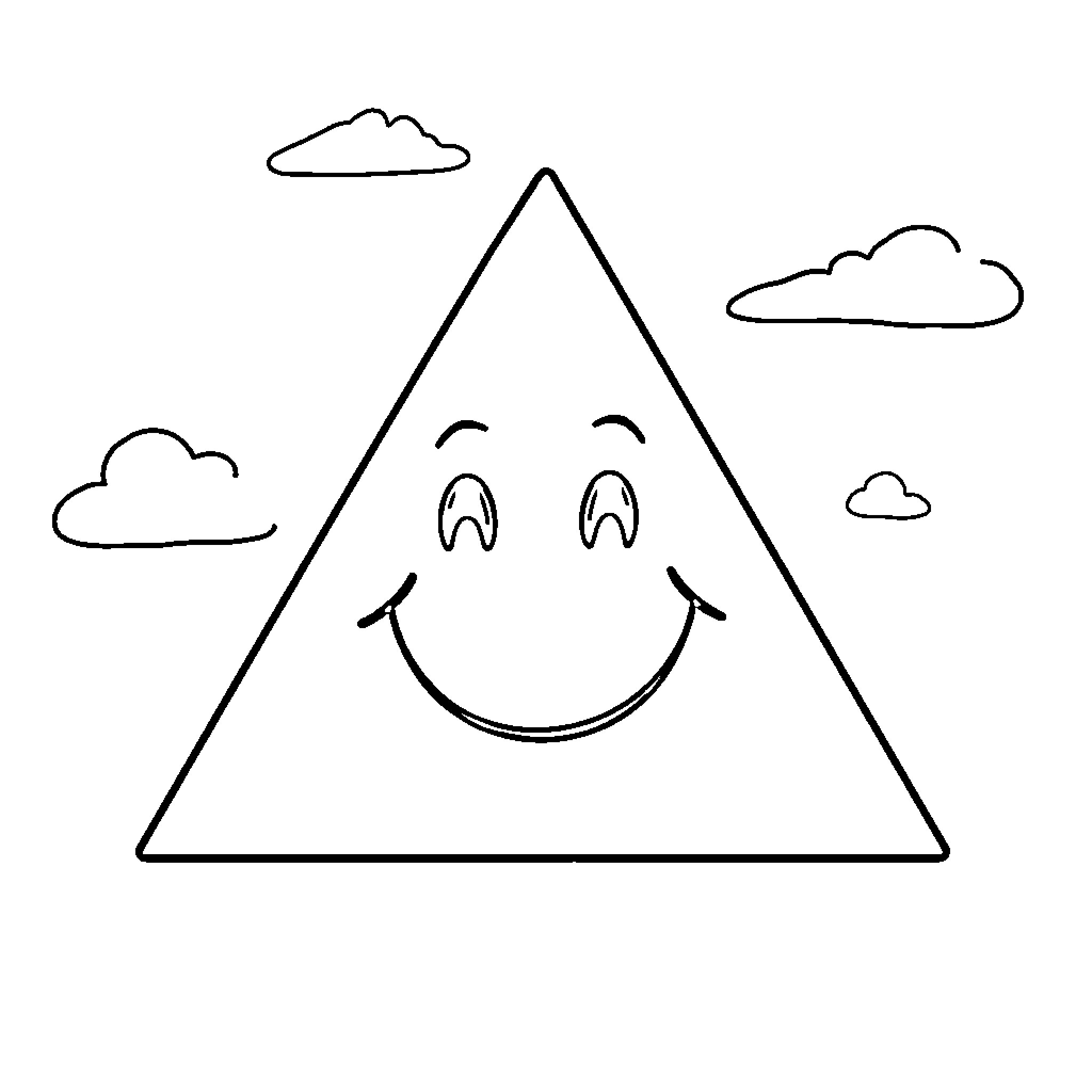 Triangle with a smiling expression in the sky Coloring Page (free black-and-white line drawing printable PDF for all, from beginners to advanced learners, including children, teens, adults, and seniors)