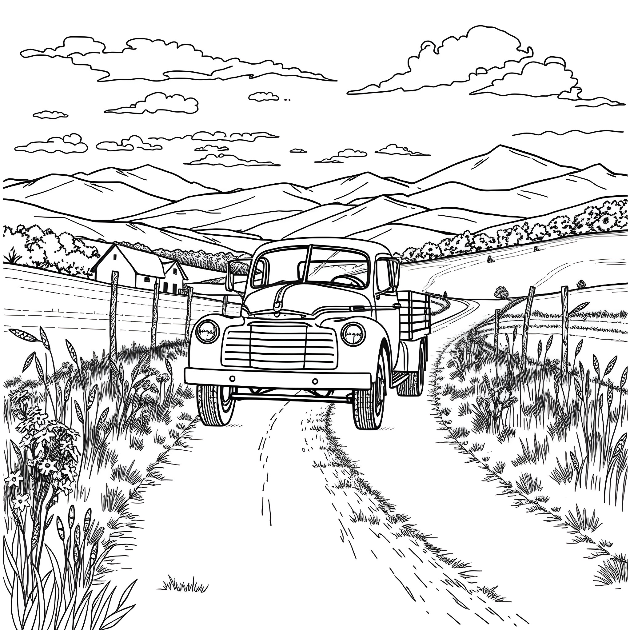 Truck driving through a rural countryside landscape Coloring Page (free black-and-white line drawing printable PDF for all, from beginners to advanced learners, including children, teens, adults, and seniors)