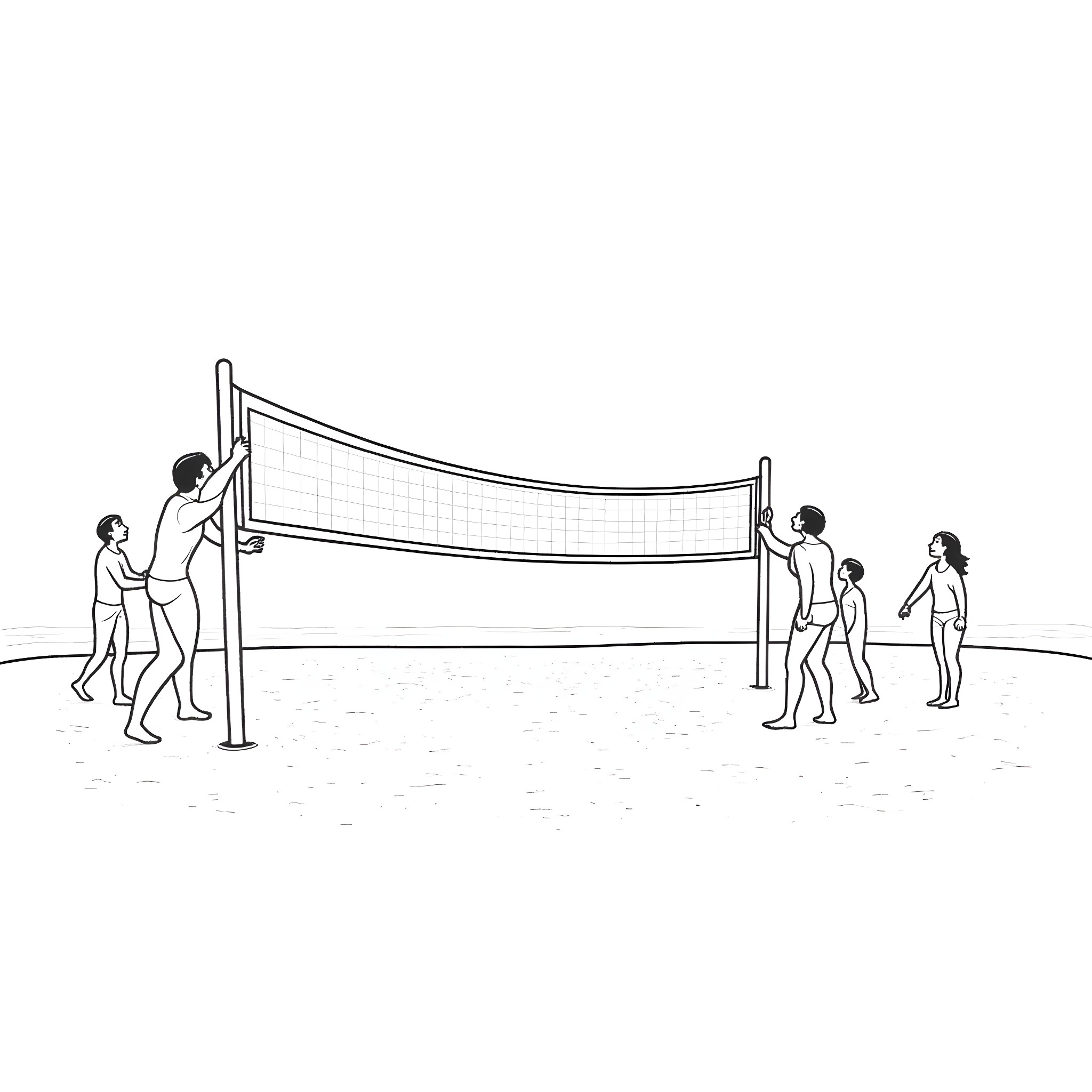 Butt bumps and beach volleyball action Coloring Page (free black-and-white line drawing printable PDF for all, from beginners to advanced learners, including children, teens, adults, and seniors)