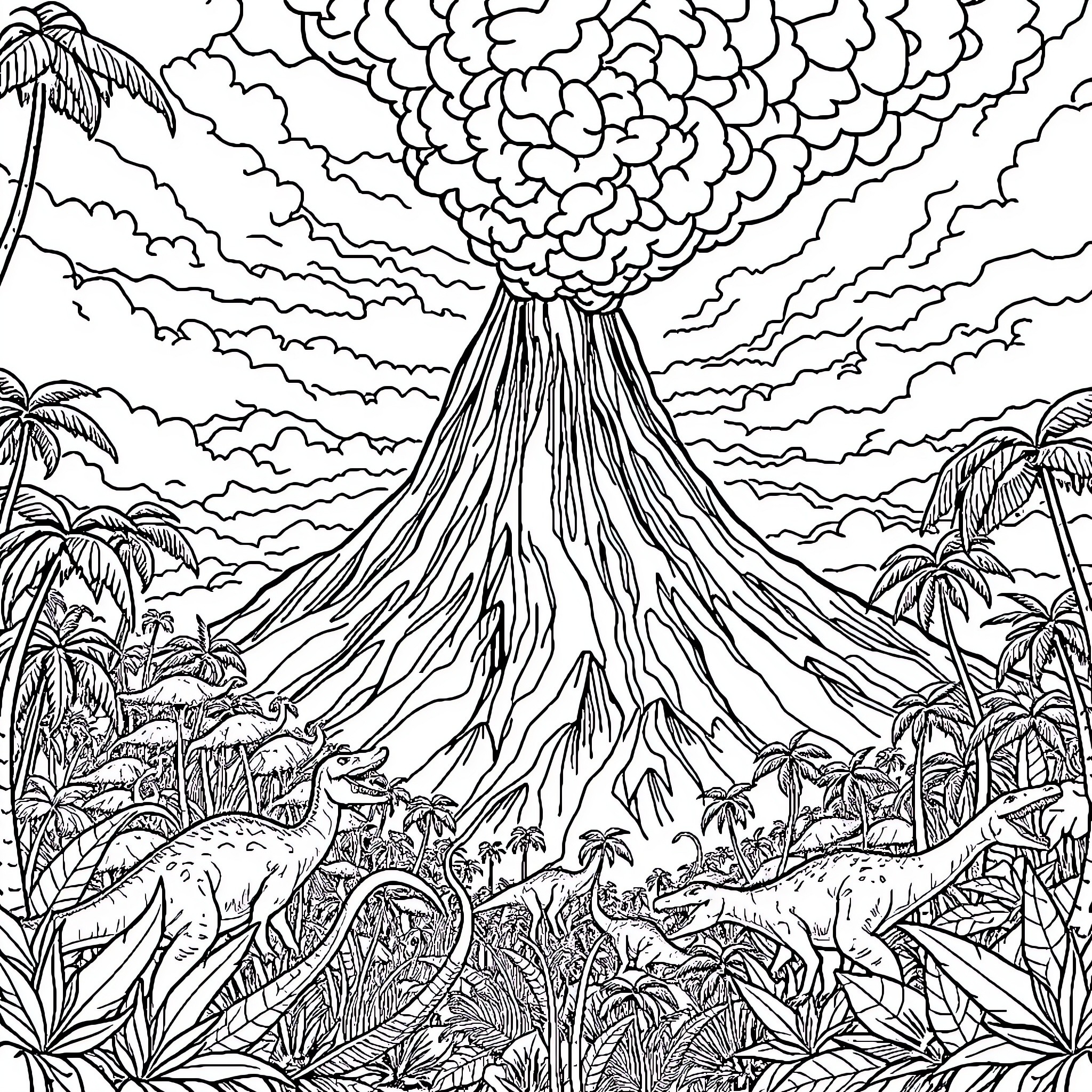 Volcano erupting with dinosaurs in tropical landscape Coloring Page (free black-and-white line drawing printable PDF for all, from beginners to advanced learners, including children, teens, adults, and seniors)