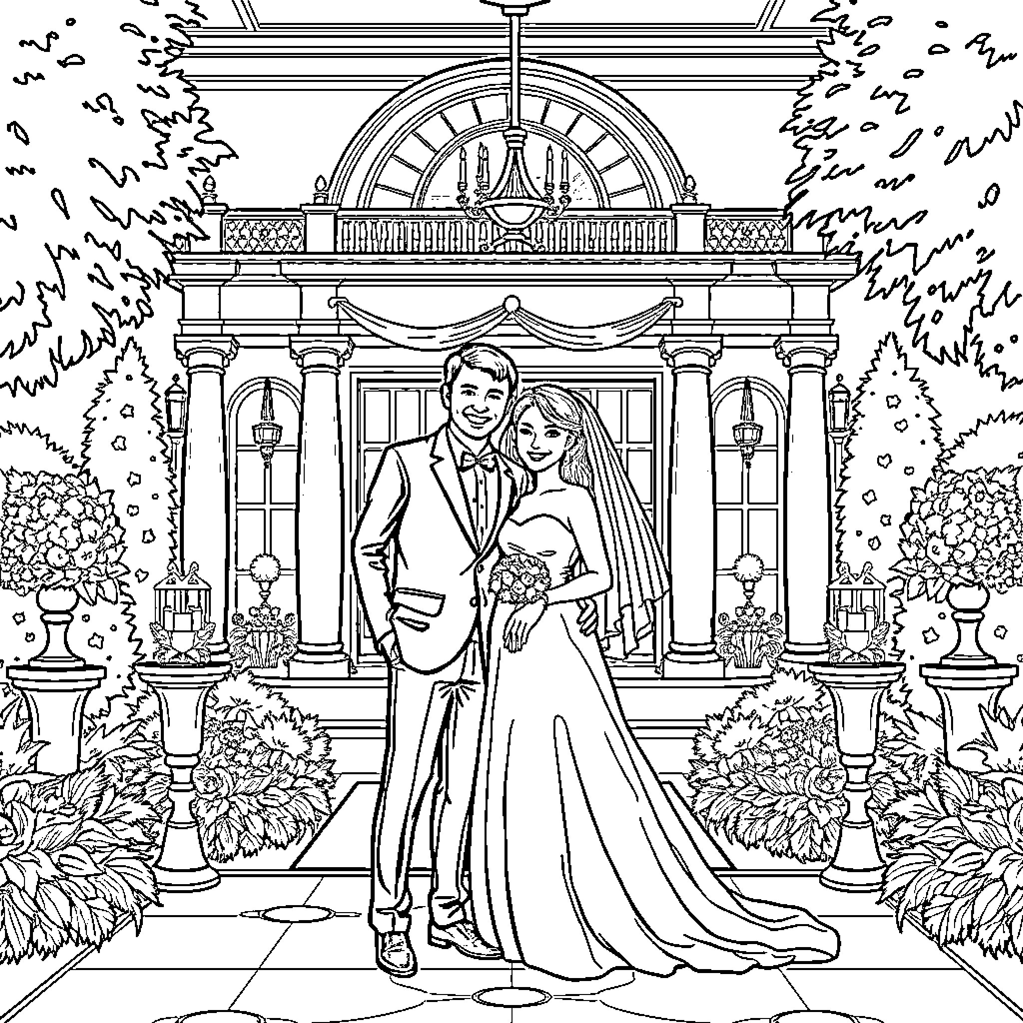 Wedding Couple Posing at Ornate Wedding Venue Coloring Page (free black-and-white line drawing printable PDF for all, from beginners to advanced learners, including children, teens, adults, and seniors)