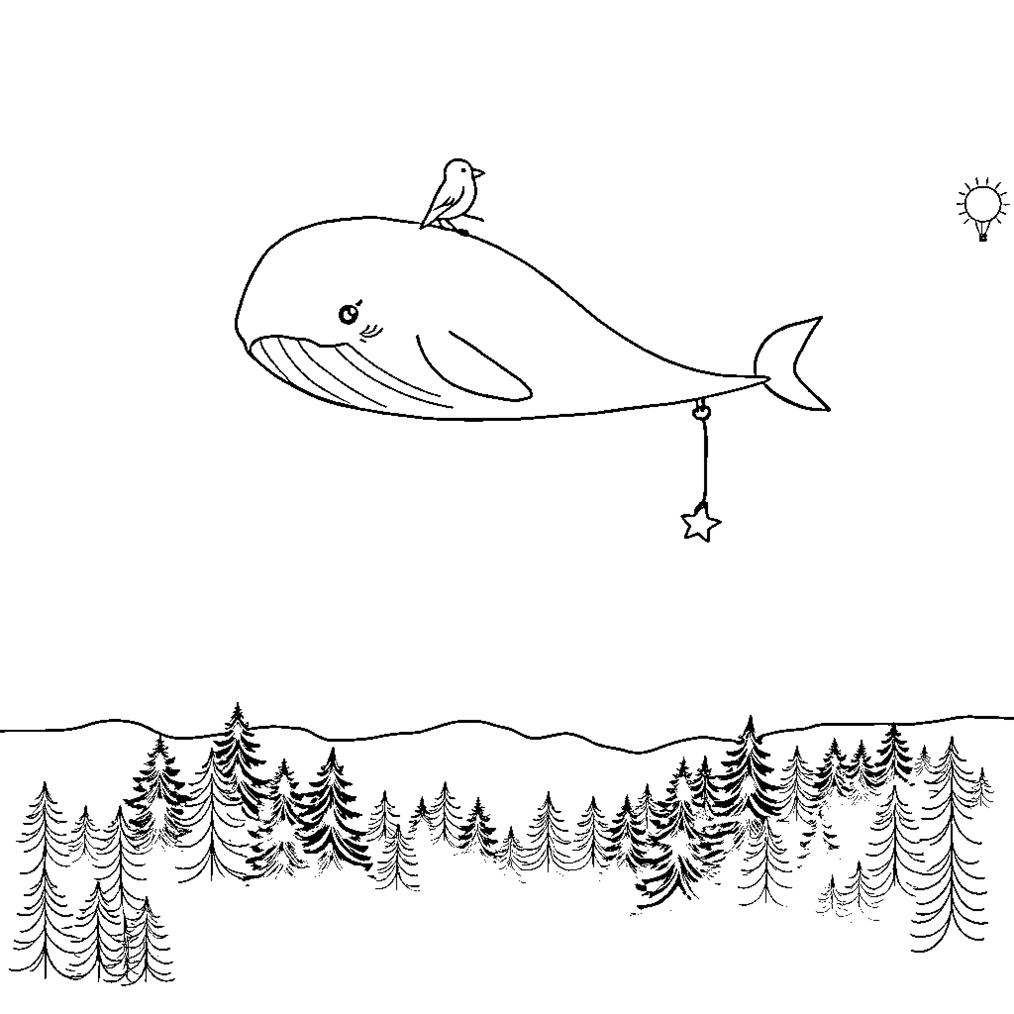 Whale happily swimming with bird companion Coloring Page (free black-and-white line drawing printable PDF for all, from beginners to advanced learners, including children, teens, adults, and seniors)