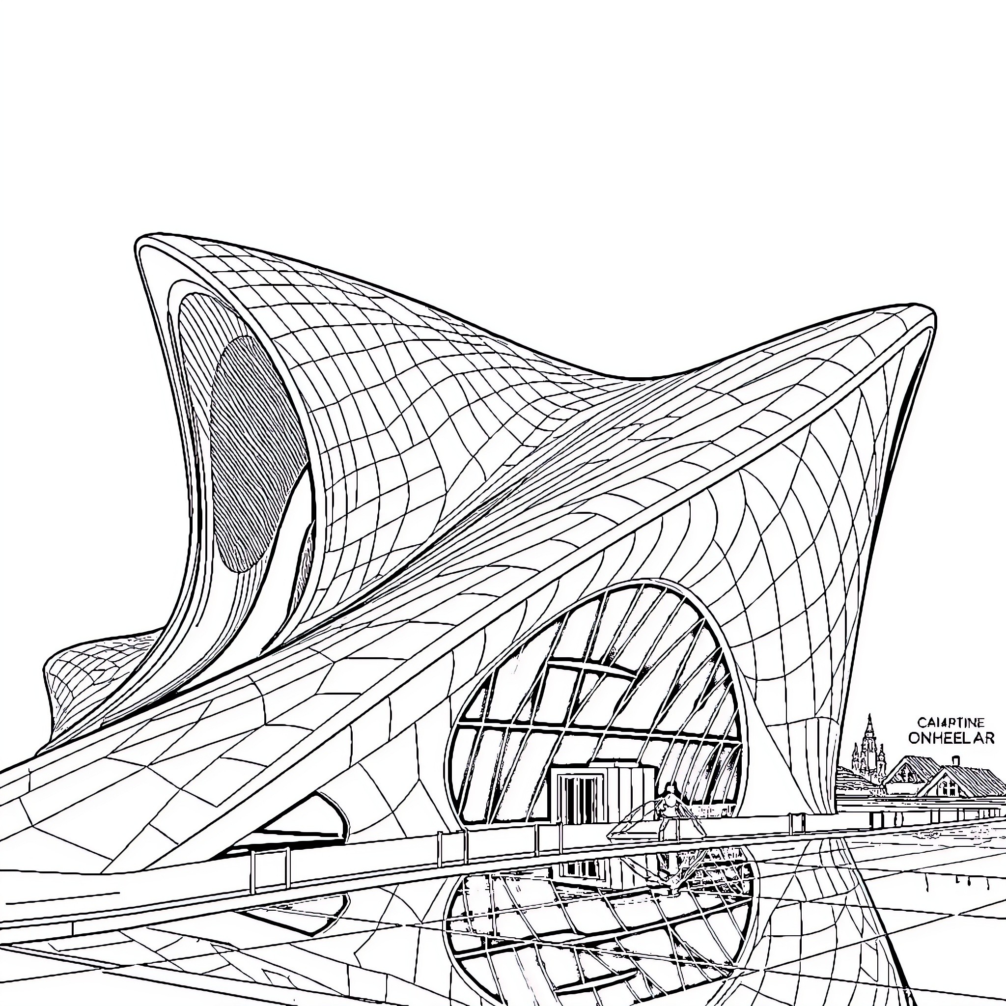 Museum of Futuristic Architectural Design Coloring Page (free black-and-white line drawing printable PDF for all, from beginners to advanced learners, including children, teens, adults, and seniors)