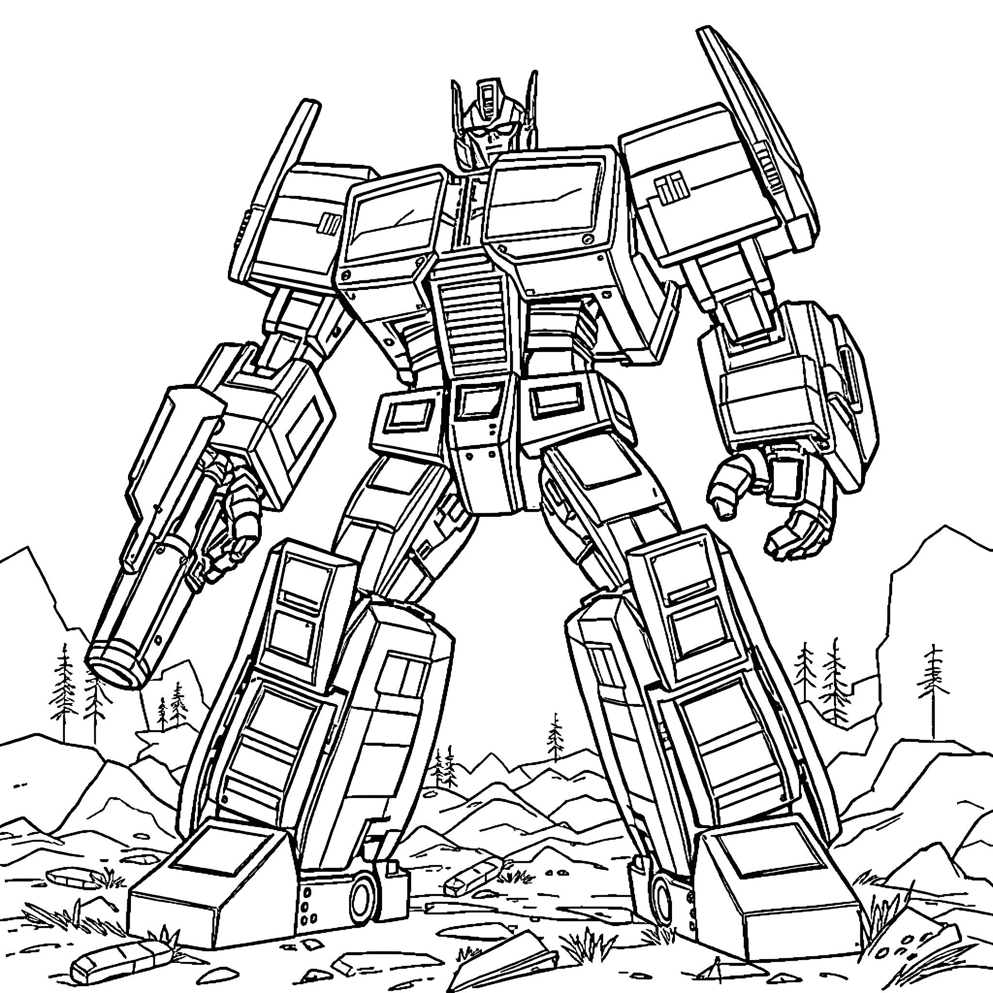 Transformer robot in heroic pose with nature backdrop Coloring Page (free black-and-white line drawing printable PDF for all, from beginners to advanced learners, including children, teens, adults, and seniors)