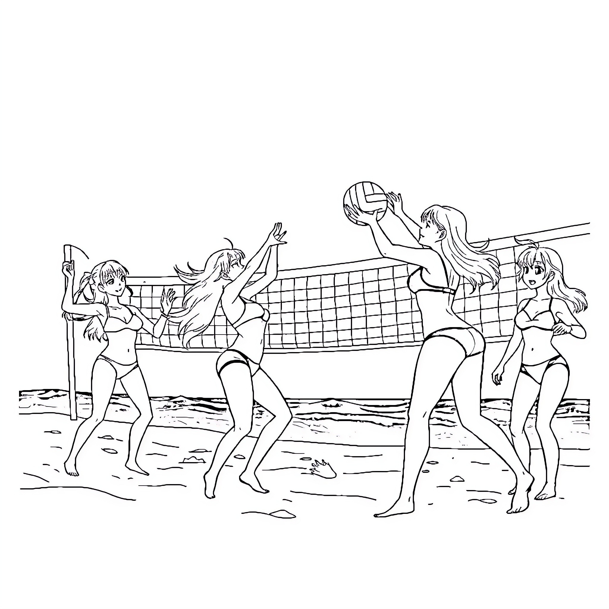 Anime Girls Playing Beach Volleyball Coloring Page (free black-and-white line drawing printable PDF for all, from beginners to advanced learners, including children, teens, adults, and seniors)