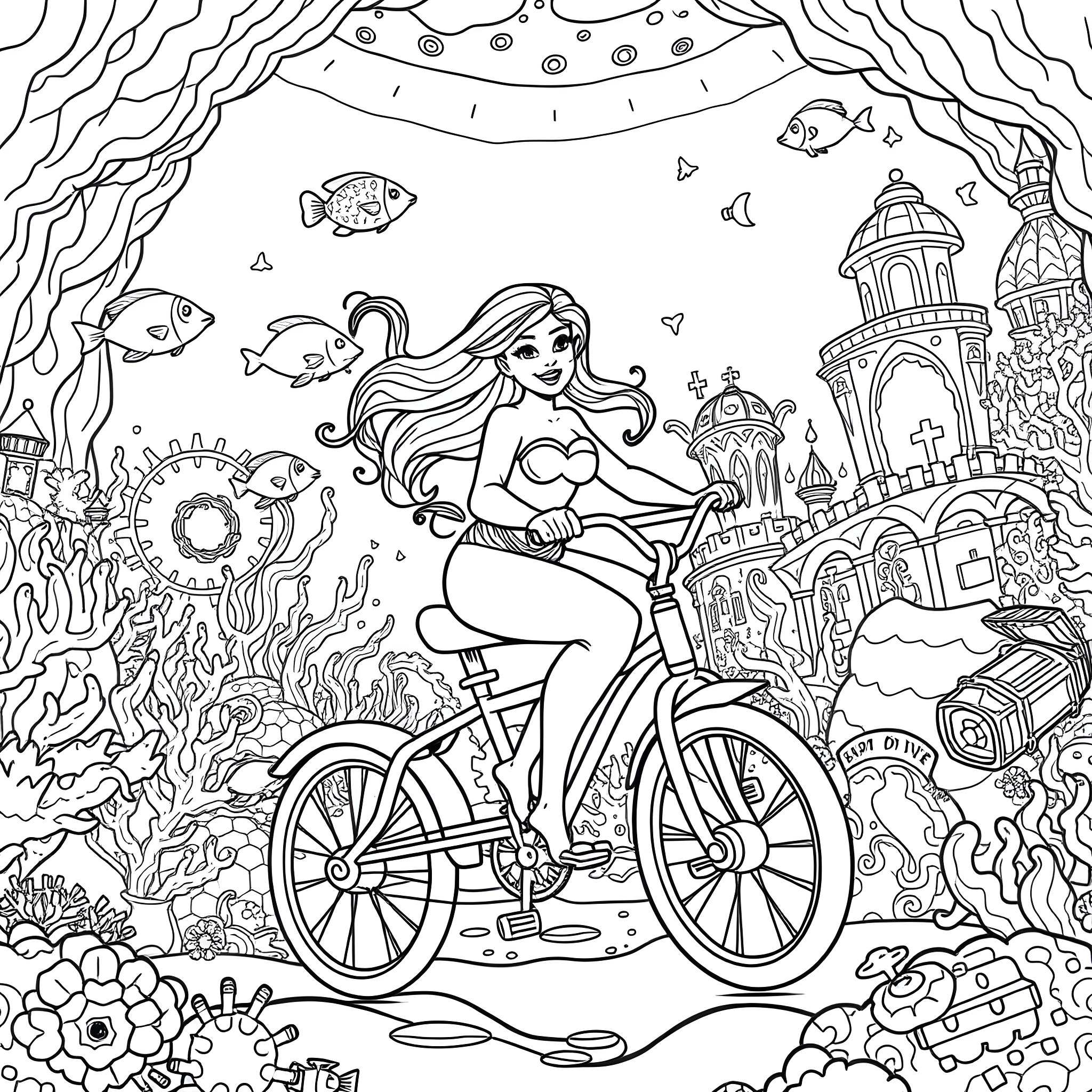 Mermaid riding a bicycle in an underwater kingdom Coloring Page (free black-and-white line drawing printable PDF for all, from beginners to advanced learners, including children, teens, adults, and seniors)
