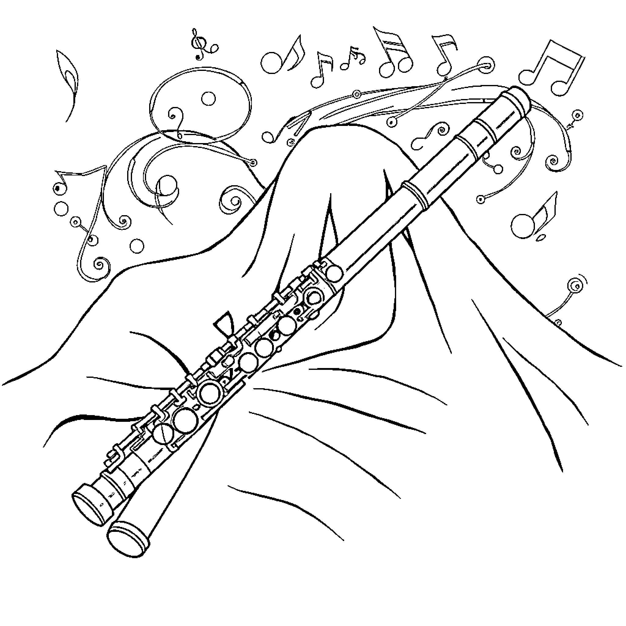 Flute playing amidst musical notes Coloring Page (free black-and-white line drawing printable PDF for all, from beginners to advanced learners, including children, teens, adults, and seniors)