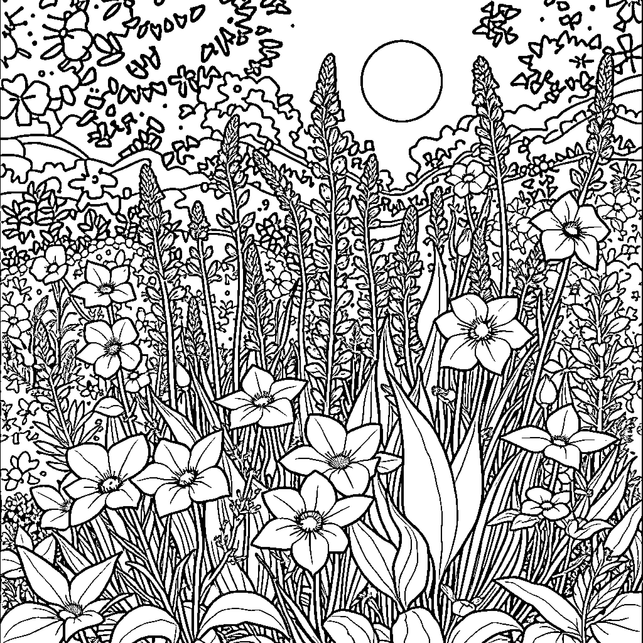 Herb Garden Blooming Under the Moonlight Coloring Page (free black-and-white line drawing printable PDF for all, from beginners to advanced learners, including children, teens, adults, and seniors)