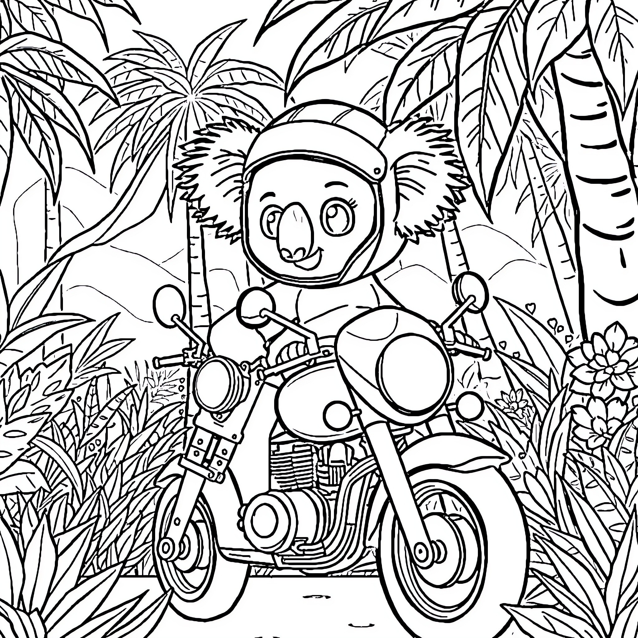 Koala riding a motorcycle in a jungle setting Coloring Page (free black-and-white line drawing printable PDF for all, from beginners to advanced learners, including children, teens, adults, and seniors)